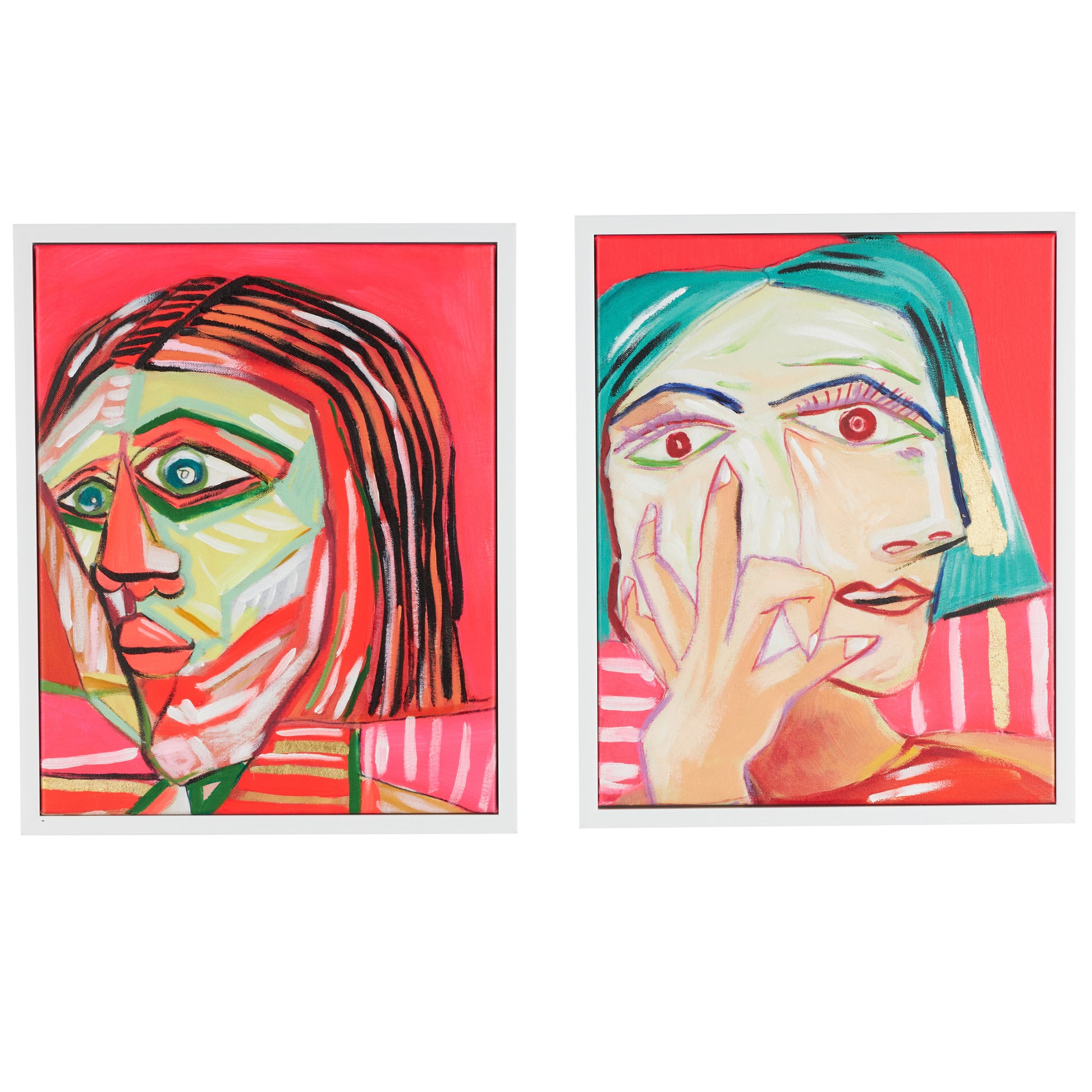 Set of 2 Face Pink Canvas Living Room Framed Wall Art with Teal and Black Accents