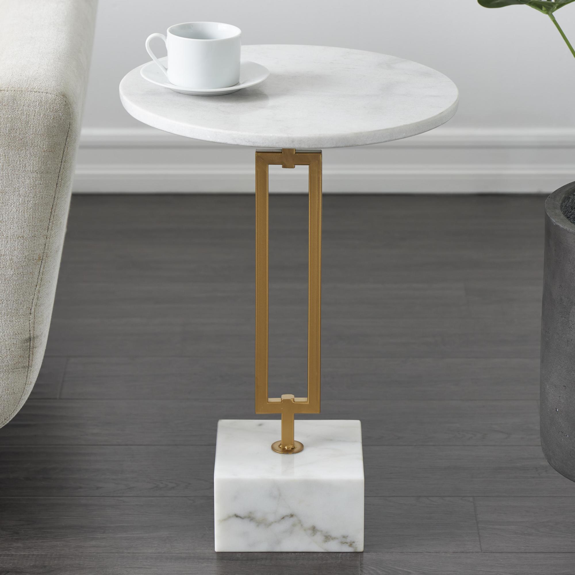 Geometric White Marble Side End Accent Table with Gold Metal Rectangular Stand