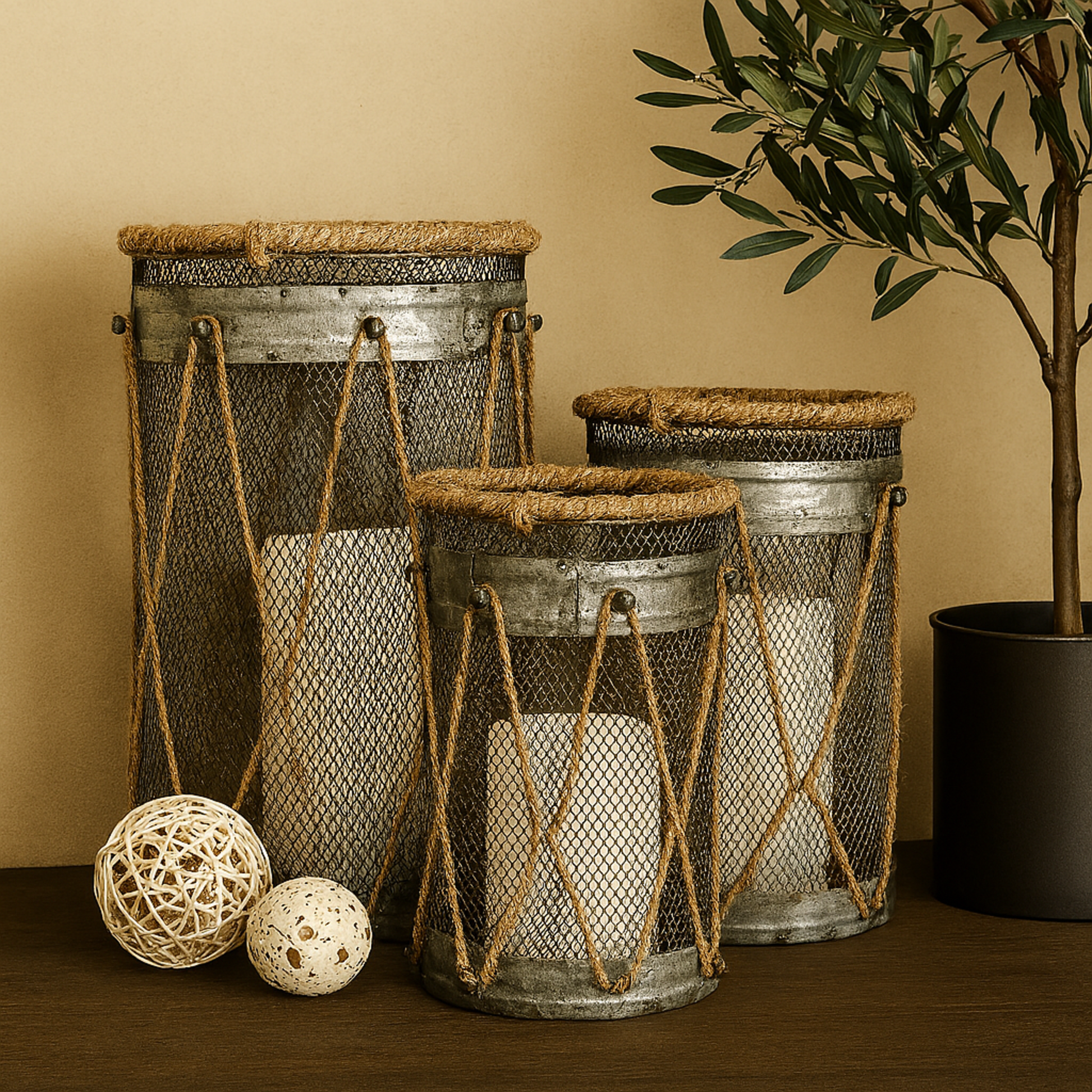 Set of 3 Silver Metal Decorative Indoor Outdoor Candle Lantern