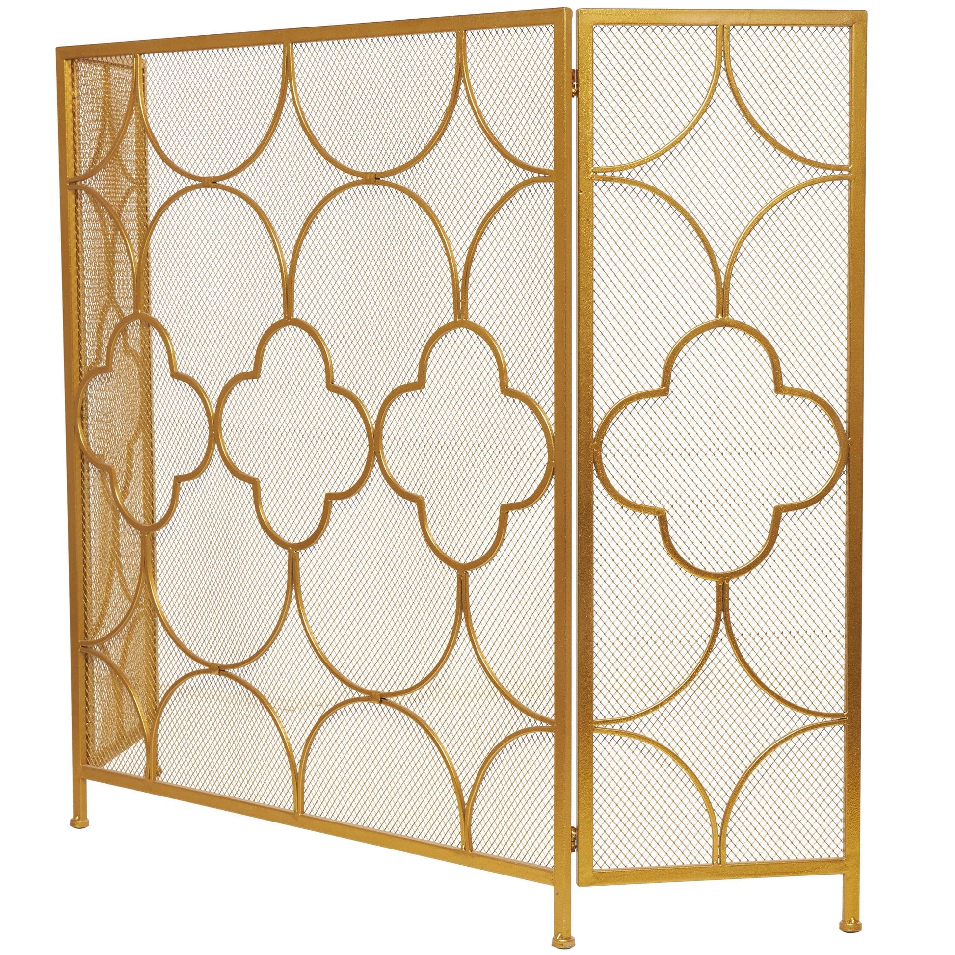 Geometric Gold Metal Foldable Mesh Netting 3 Panel Living Room Fireplace Screen with Quatrefoil Design