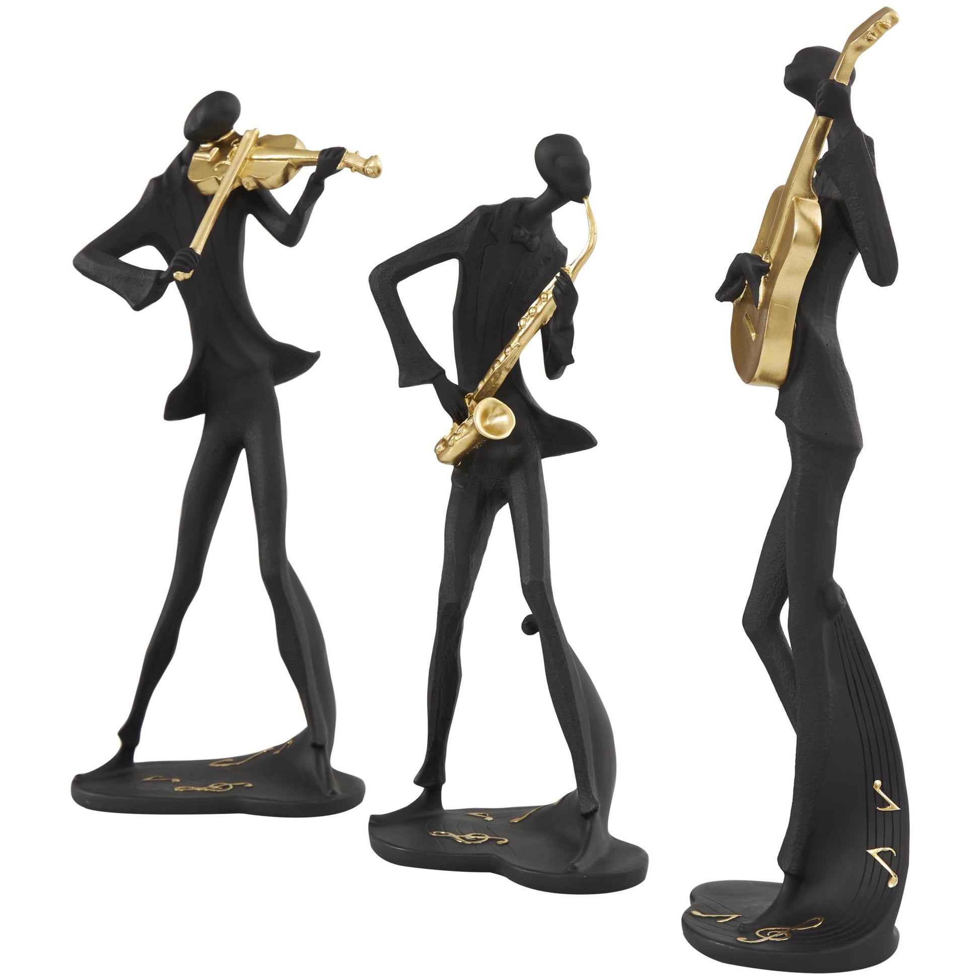 Set of 3 Musician Black Polystone Abstract Decorative Sculpture with Gold Instruments and Music Notes