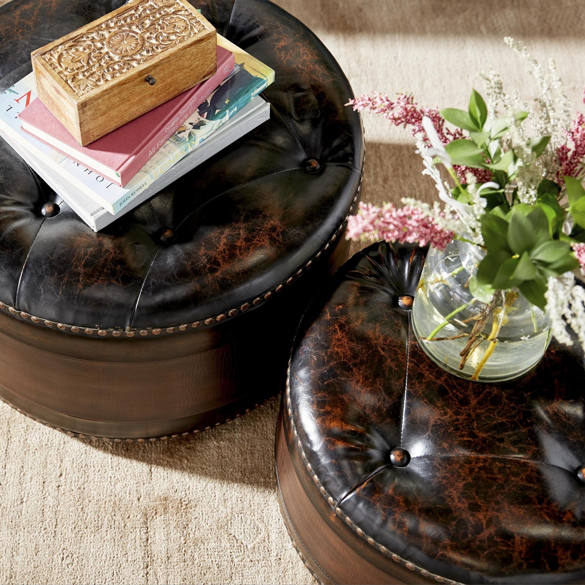 Set of 3 Dark Brown Wooden Room Storage Ottoman with Tufted Top