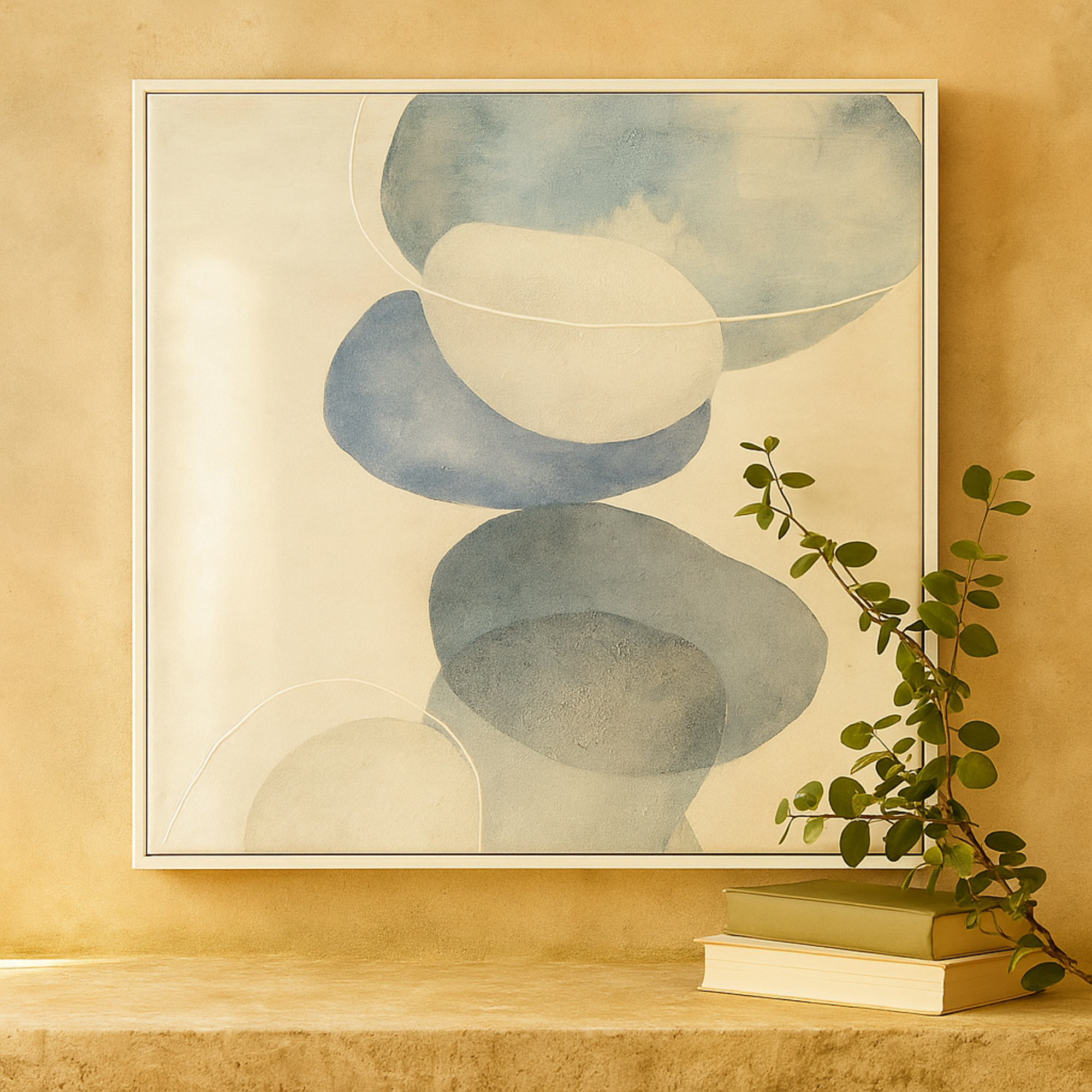 Geometric Blue Canvas Overlapping Abstract Circle Living Room Framed Wall Art with White Accents