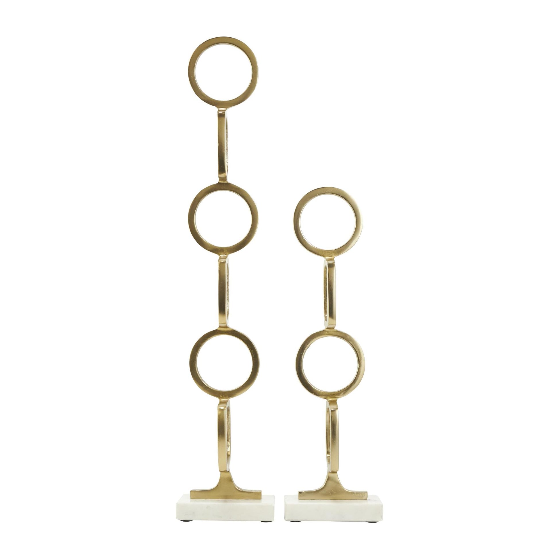 Set of 2 Abstract Aluminum Metal Stacked Geometric Rings Decorative Sculpture with Marble Bases
