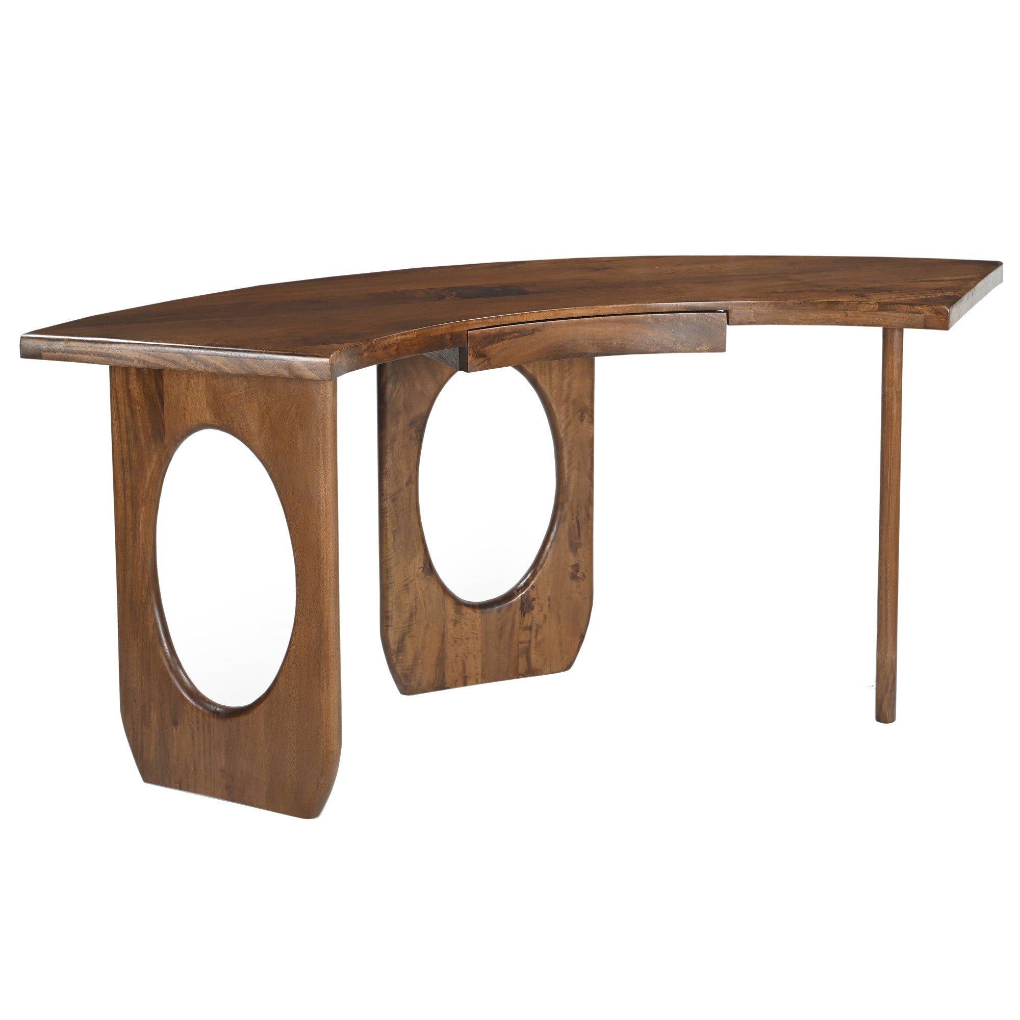 Geometric Brown Wood Curved 1 Drawer Desk with 2 Oval Cutout Legs