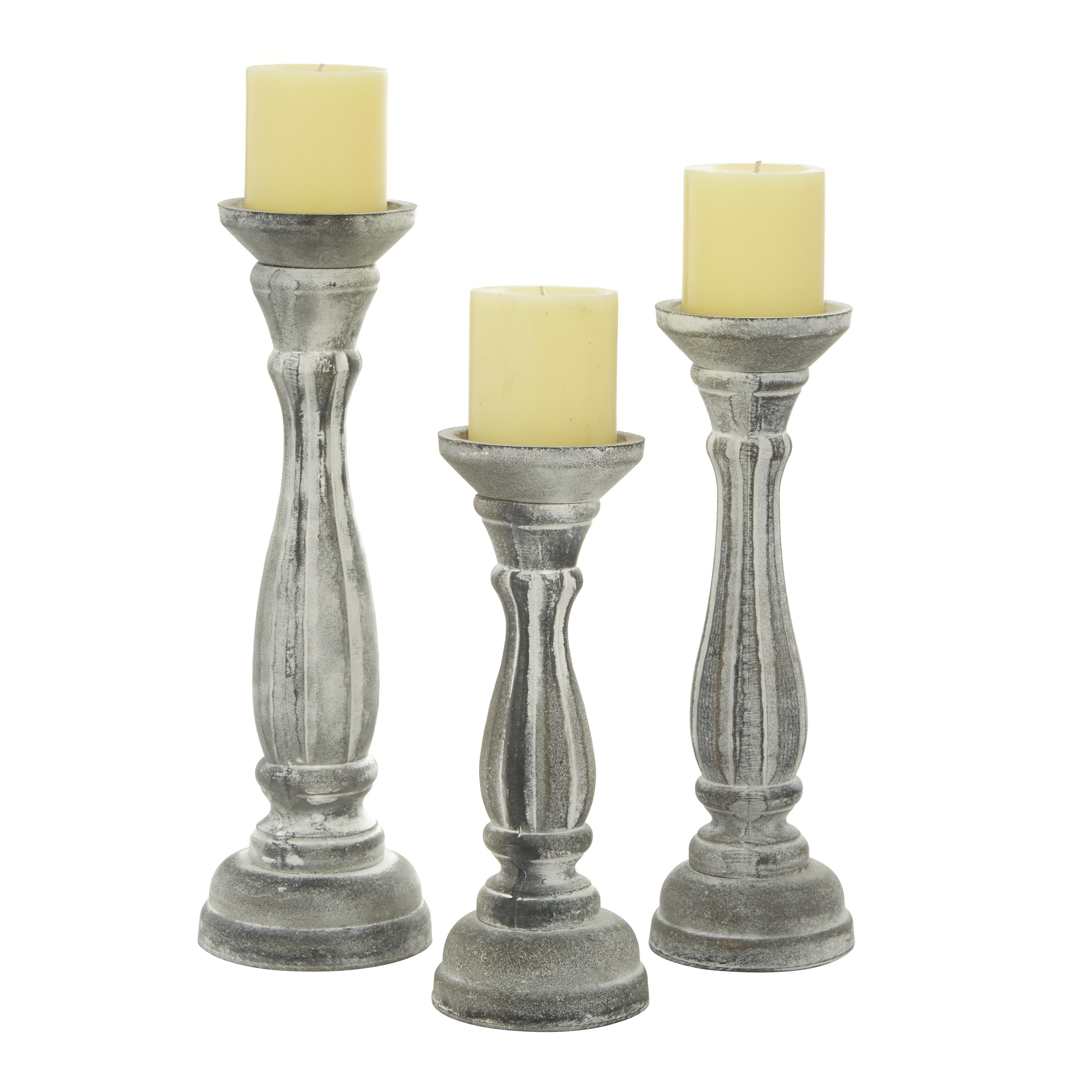 Set of 3 Wooden Distressed Turned Pillar Decorative Candle Holder