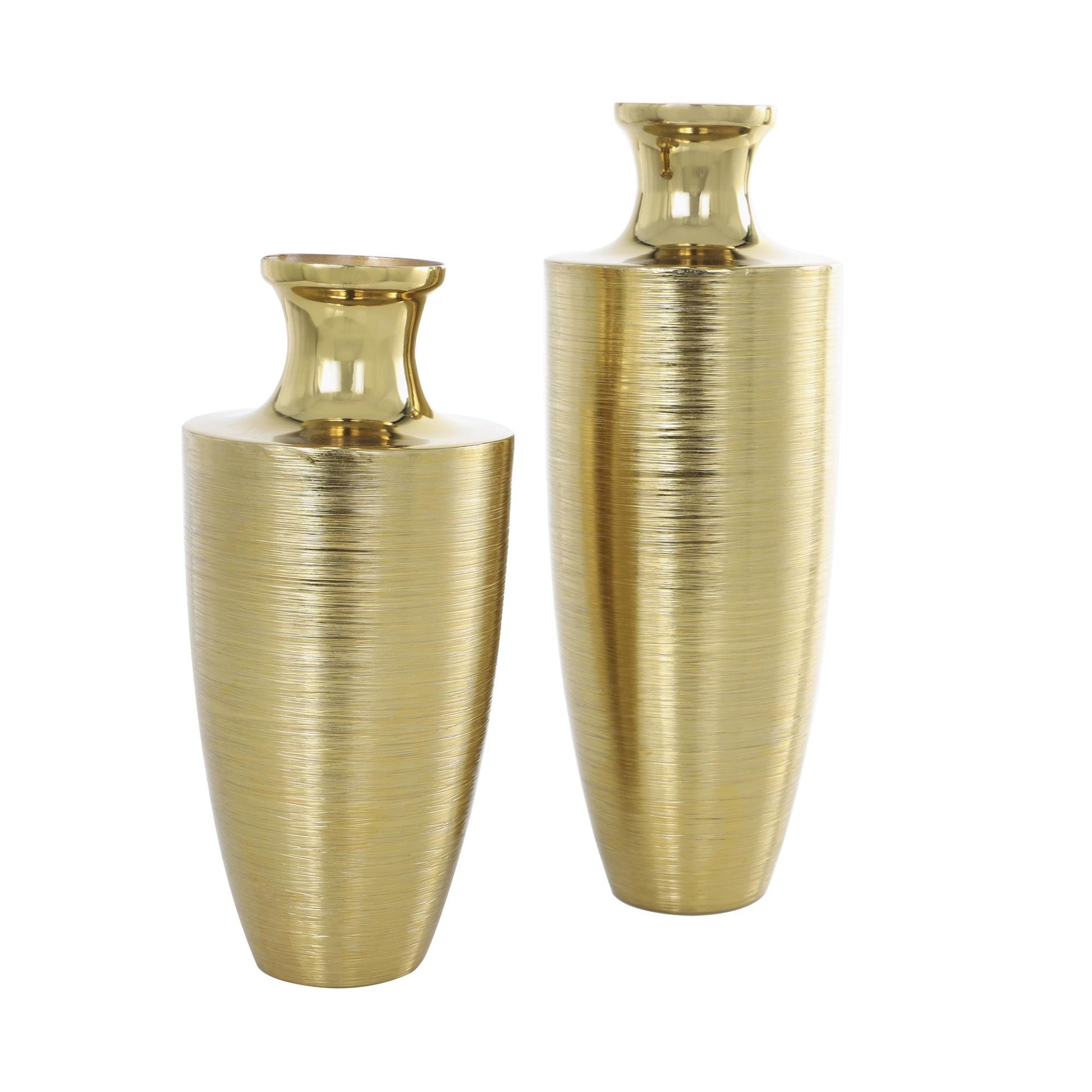 Set of 2 Gold Aluminum Metal Brushed Textured Decorative Vase