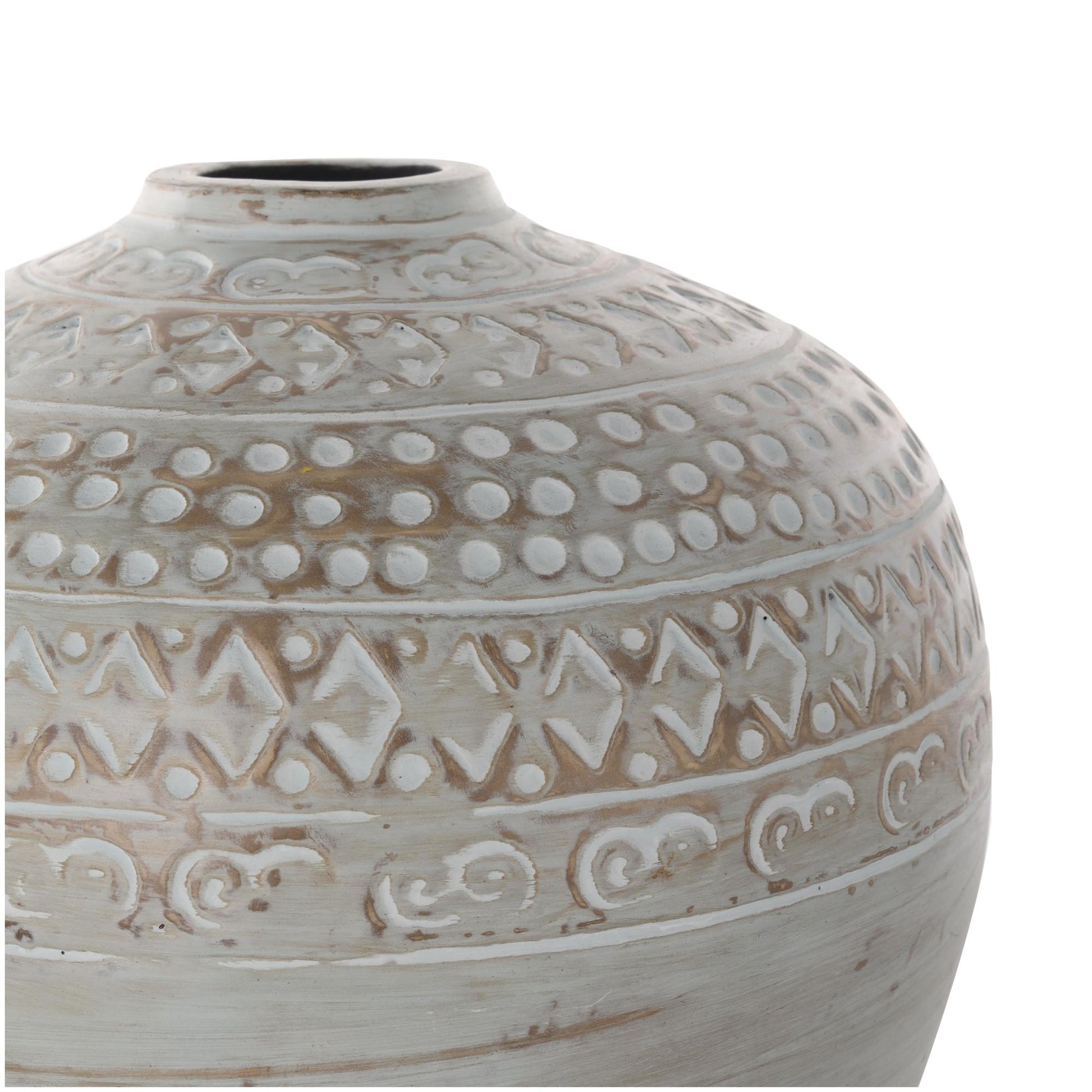 Green Ceramic Handmade Antique Style Wide Rounded Decorative Vase with Geometric Tribal Carvings