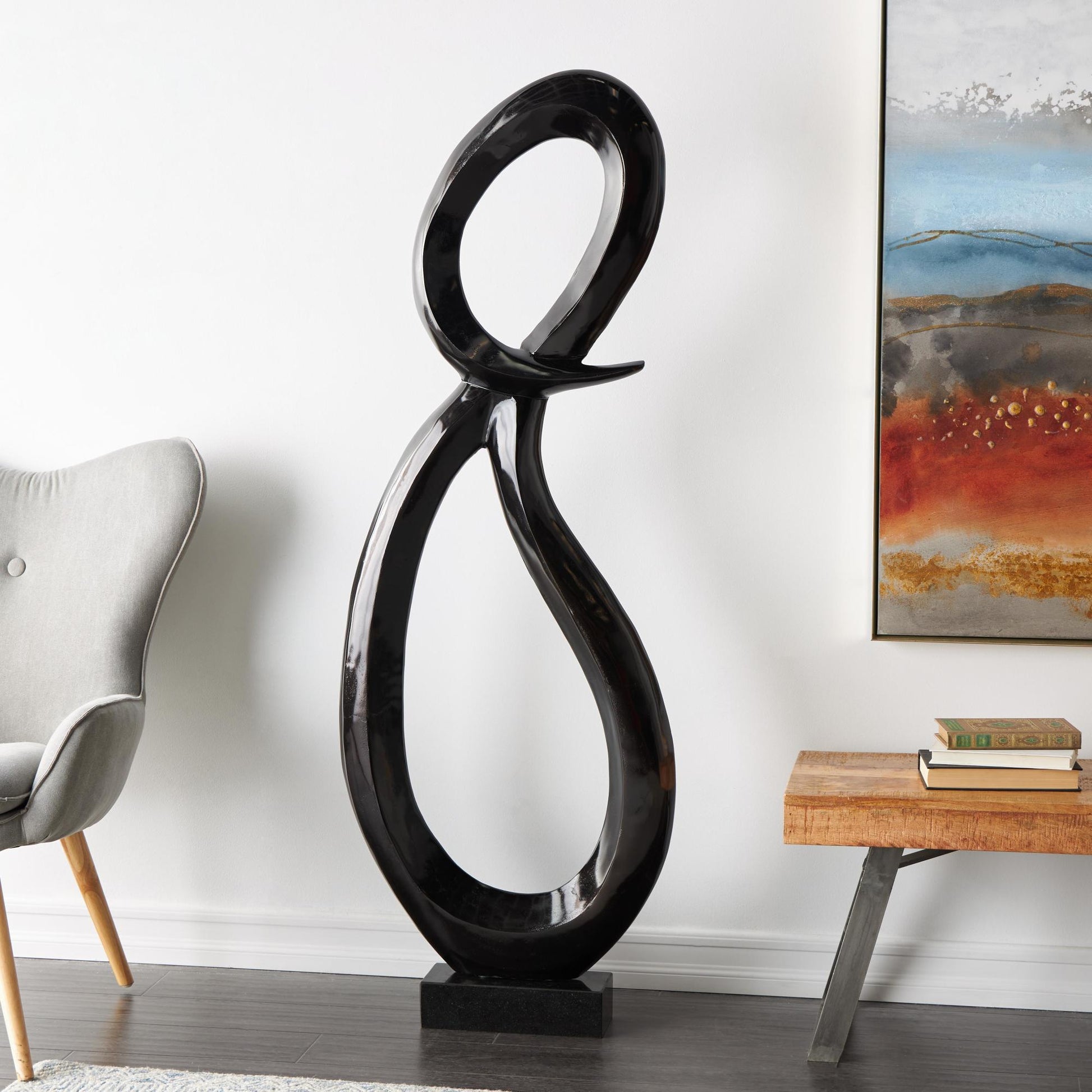 Abstract Aluminum Metal Tall Looped Floor Decorative Sculpture with Black Marble Base