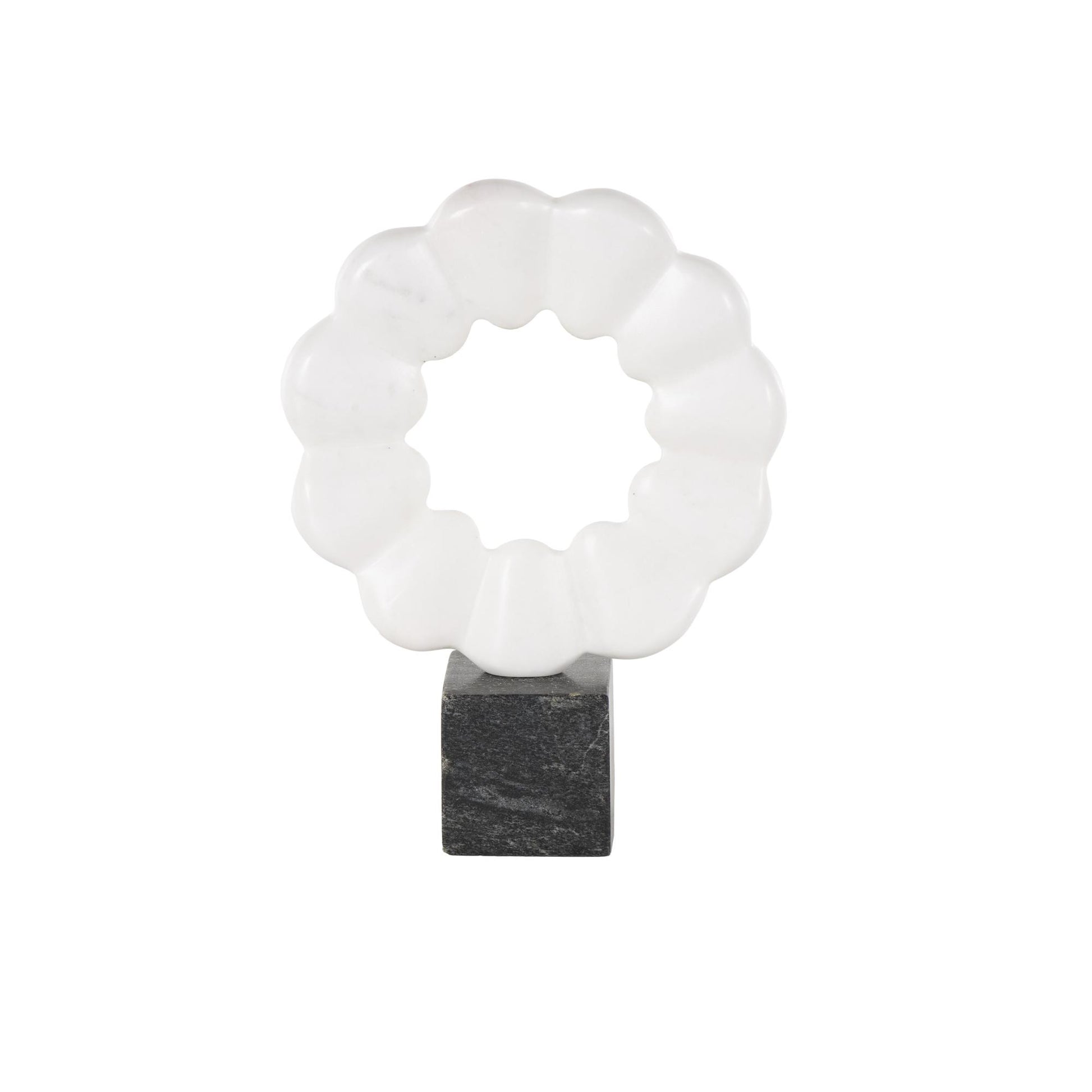 Geometric White Marble Floral Inspired Ring Decorative Sculpture with Black Block Base