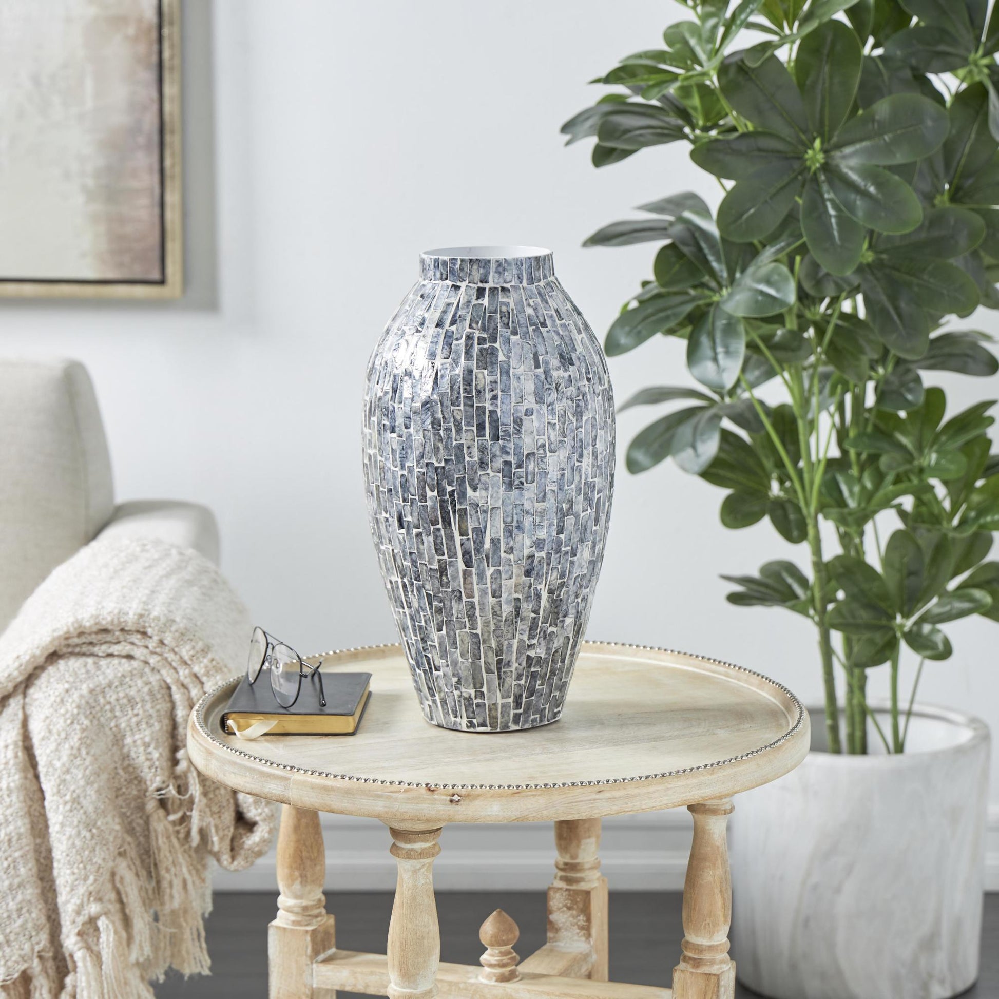 Gray Mother of Pearl Shell Handmade Mosaic Inspired Decorative Vase