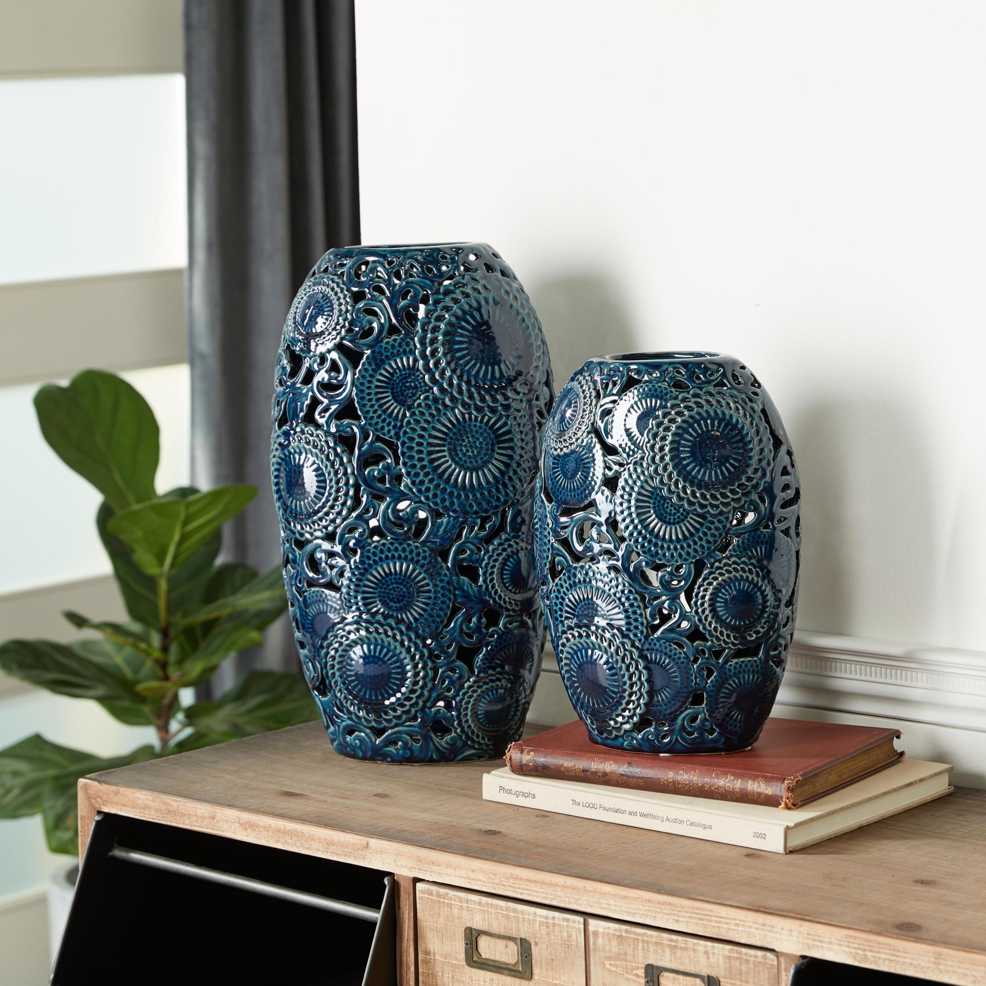 Set of 2 Floral Blue Ceramic Decorative Vase with Cut Out Patterns