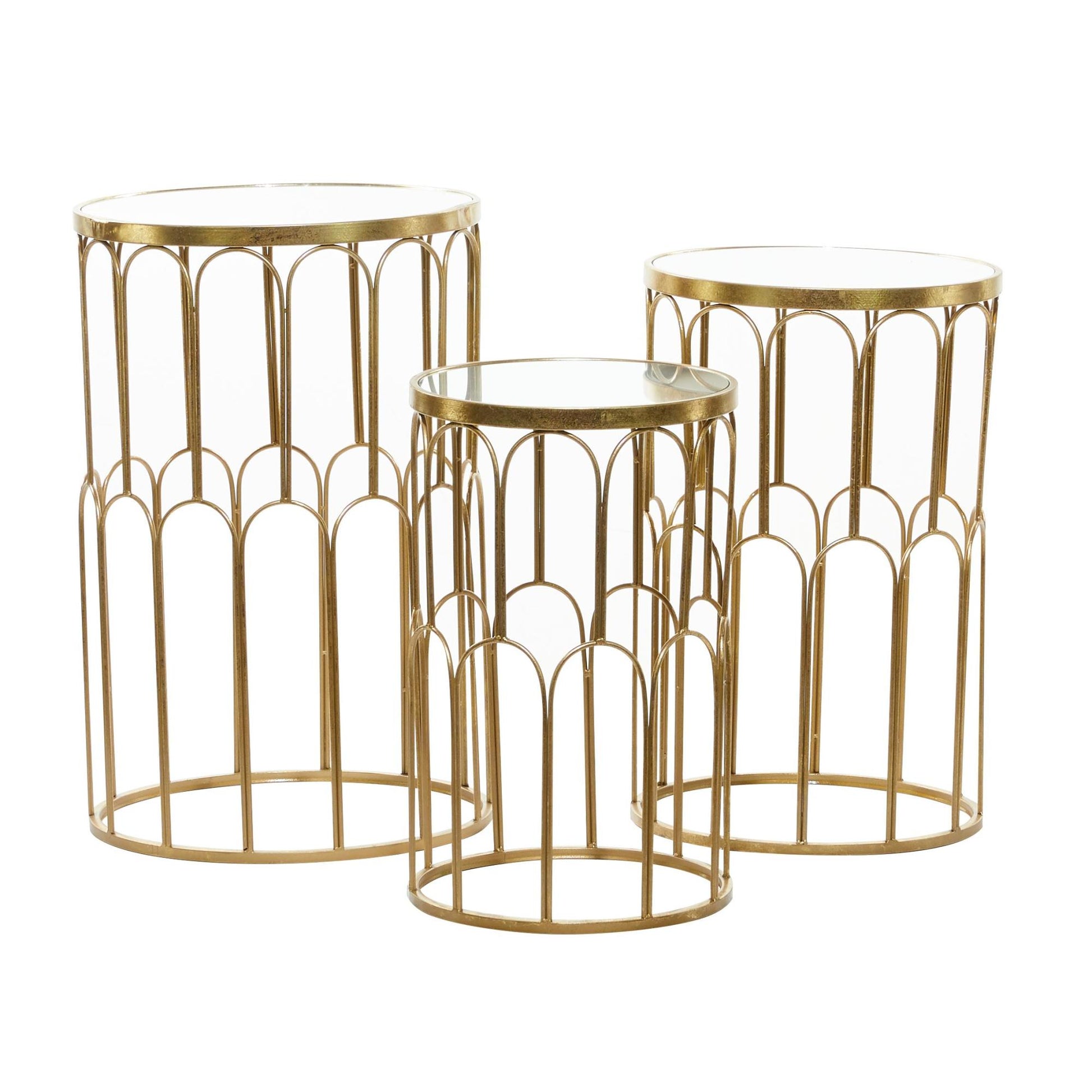 Set of 3 Gold Metal Side End Accent Table with Mirrored Glass Top