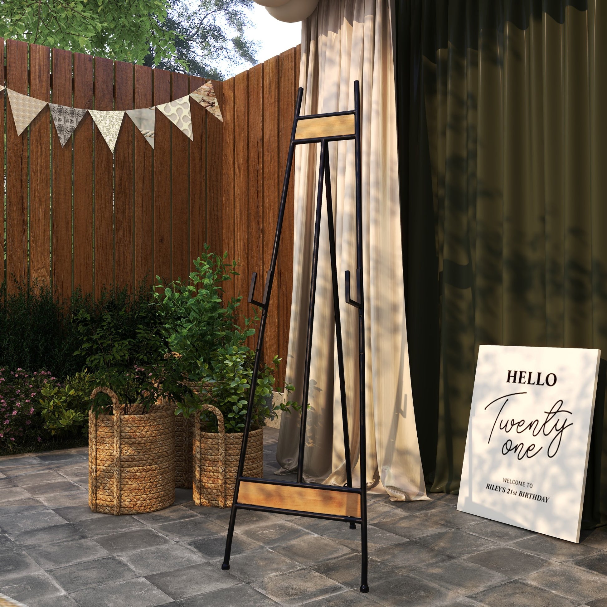 Black Metal Tall Adjustable 3 Tier Display Easel with Chain Support and Wood Accents