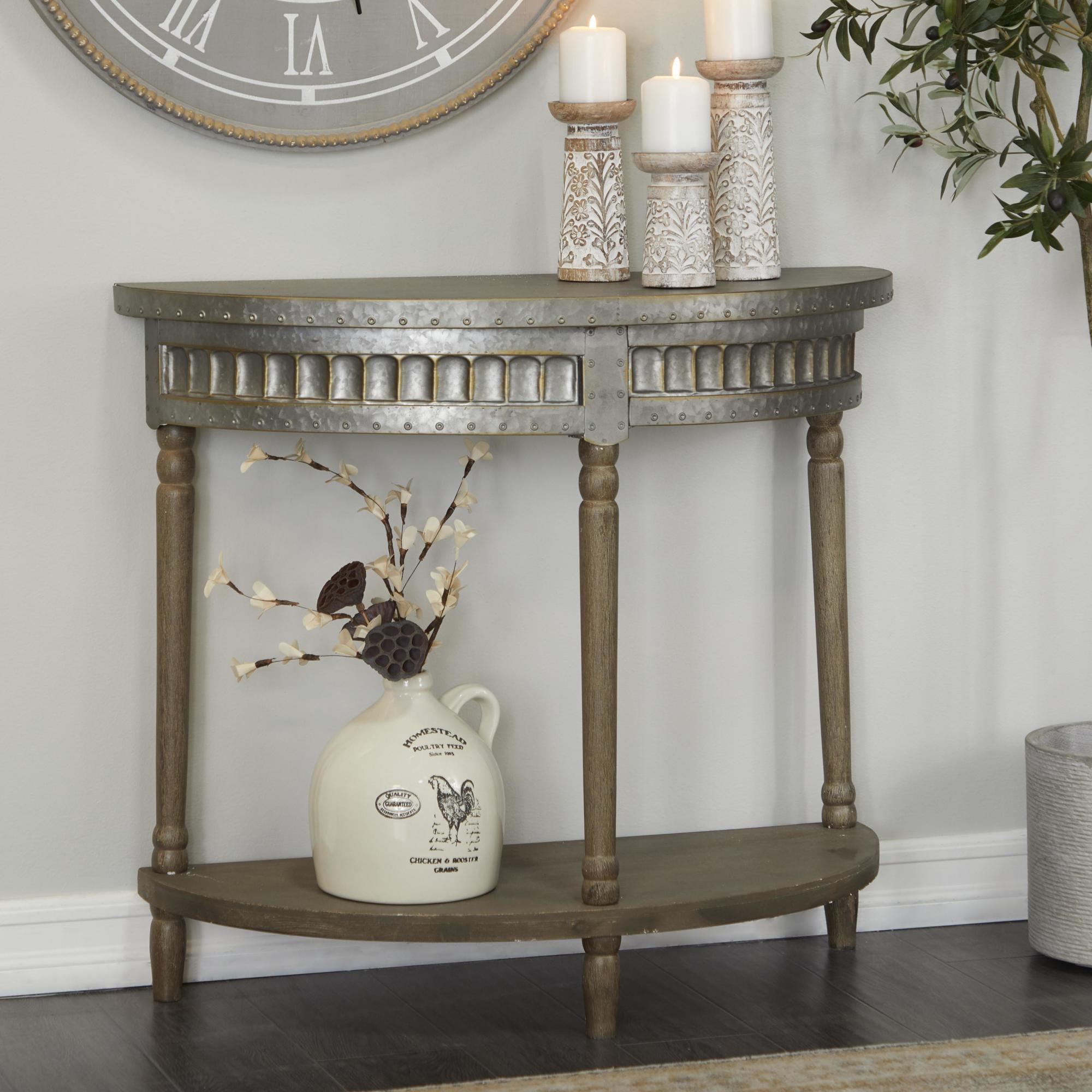 Gray Metal Medieval Inspired Half Moon Living Room Console Table with Turned Wooden Legs