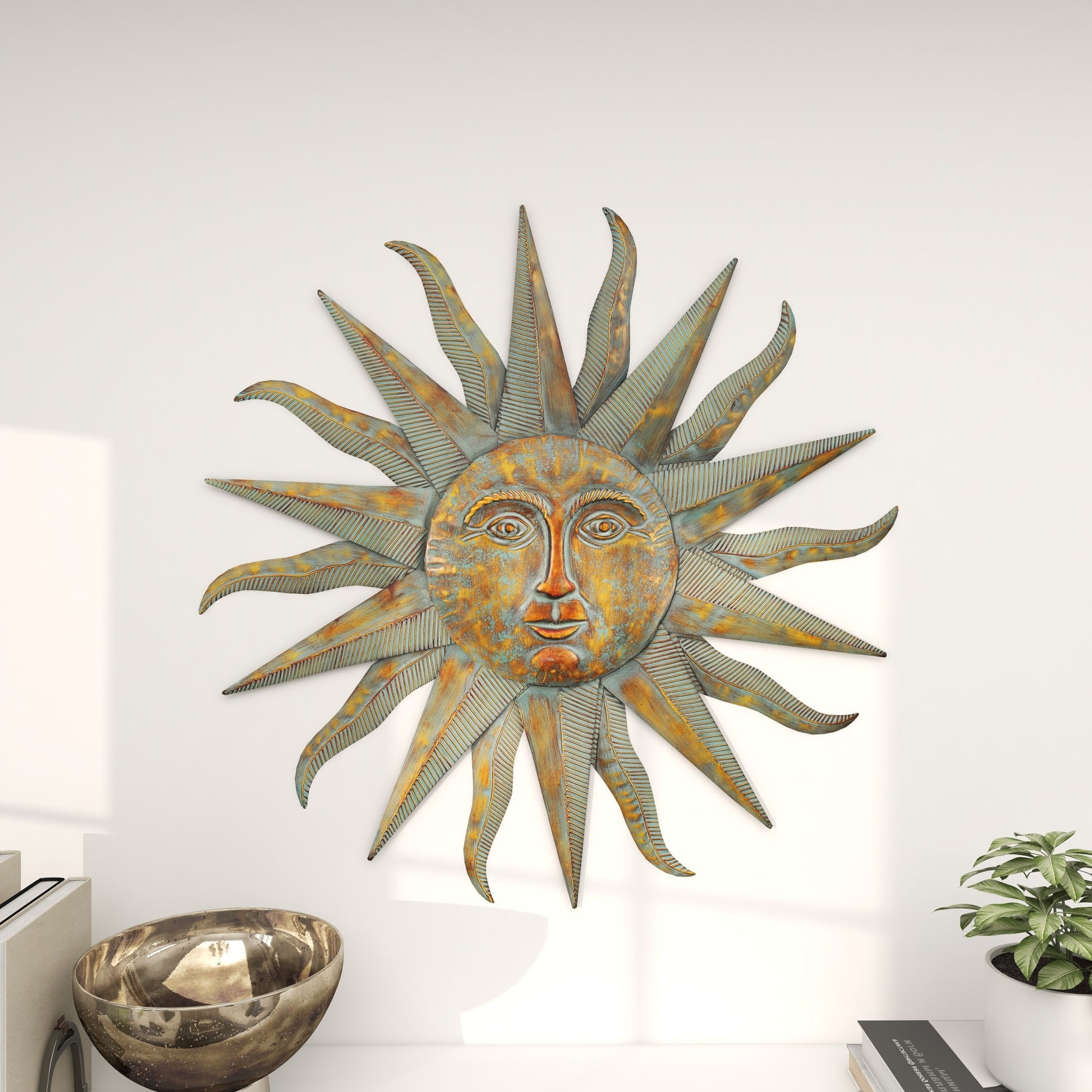 Sun Green Metal Indoor Outdoor Face Home Wall Decor with Grooves and Gold Accents