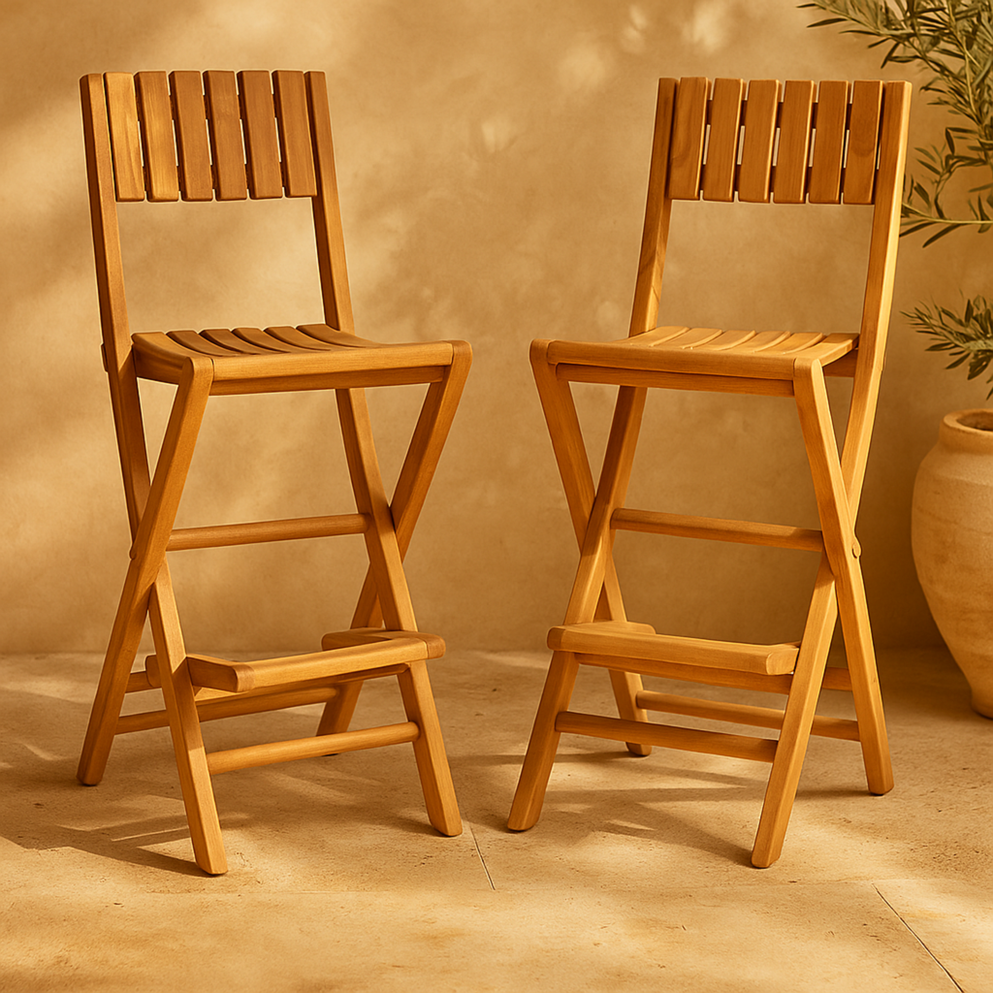 Set of 2 Brown Teak Wood Indoor Outdoor Slatted Folding Kitchen Bar Stool with Footrest