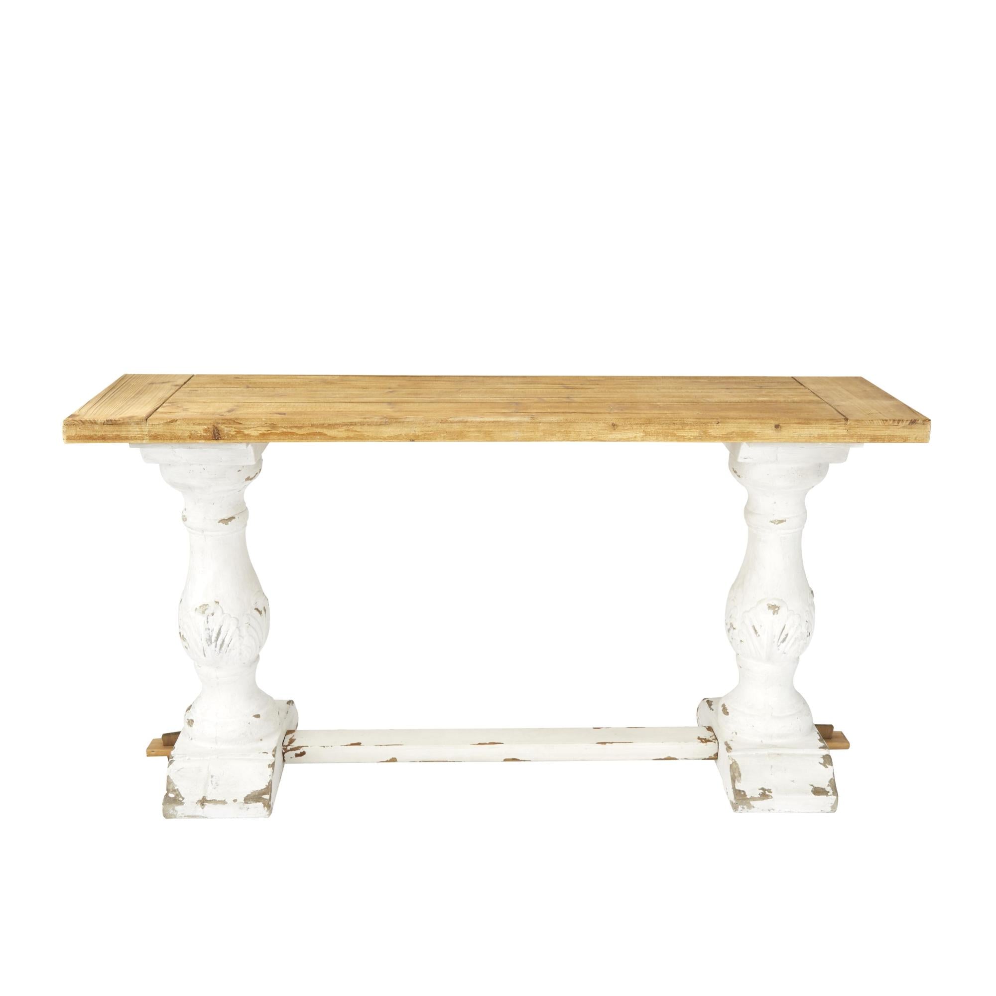 White Wood Distressed Living Room Console Table with Brown Wood Top