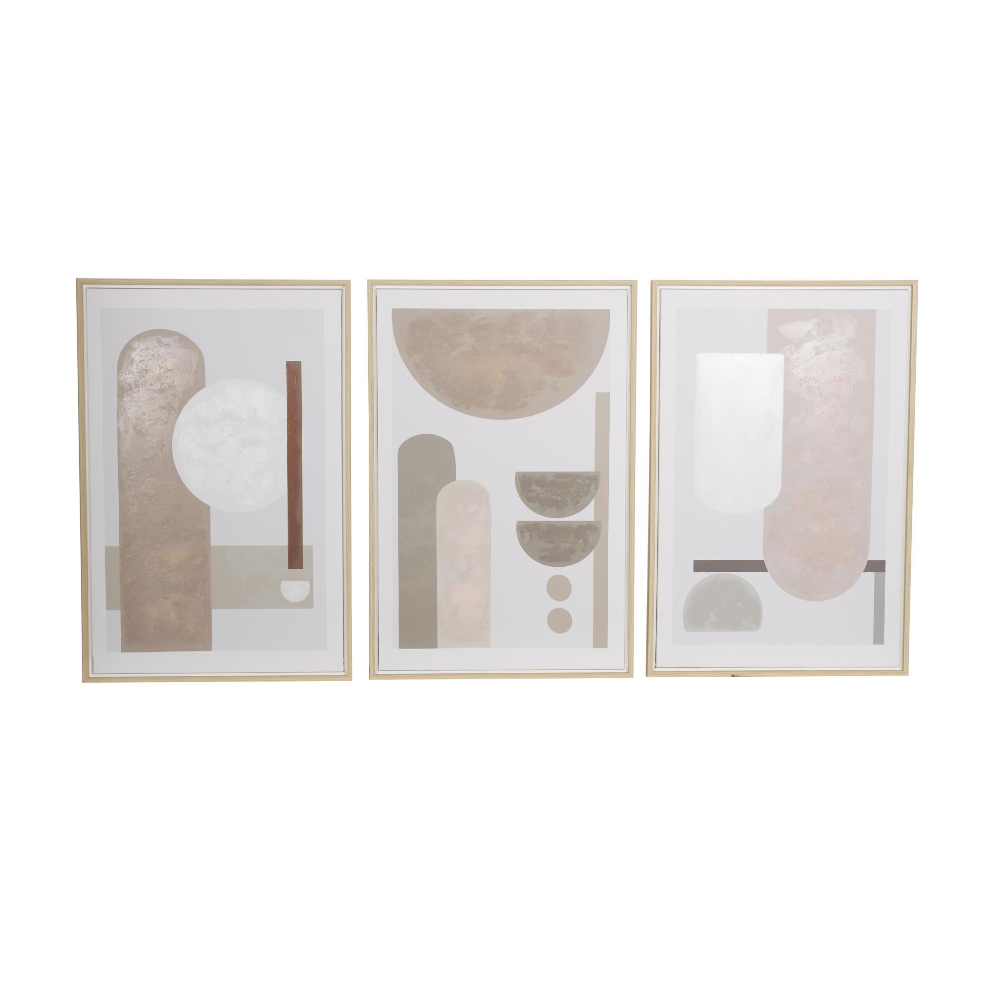 Set of 3 Geometric Pink Canvas Mid Century Modern Geometric Living Room Framed Wall Art with Brown Accents
