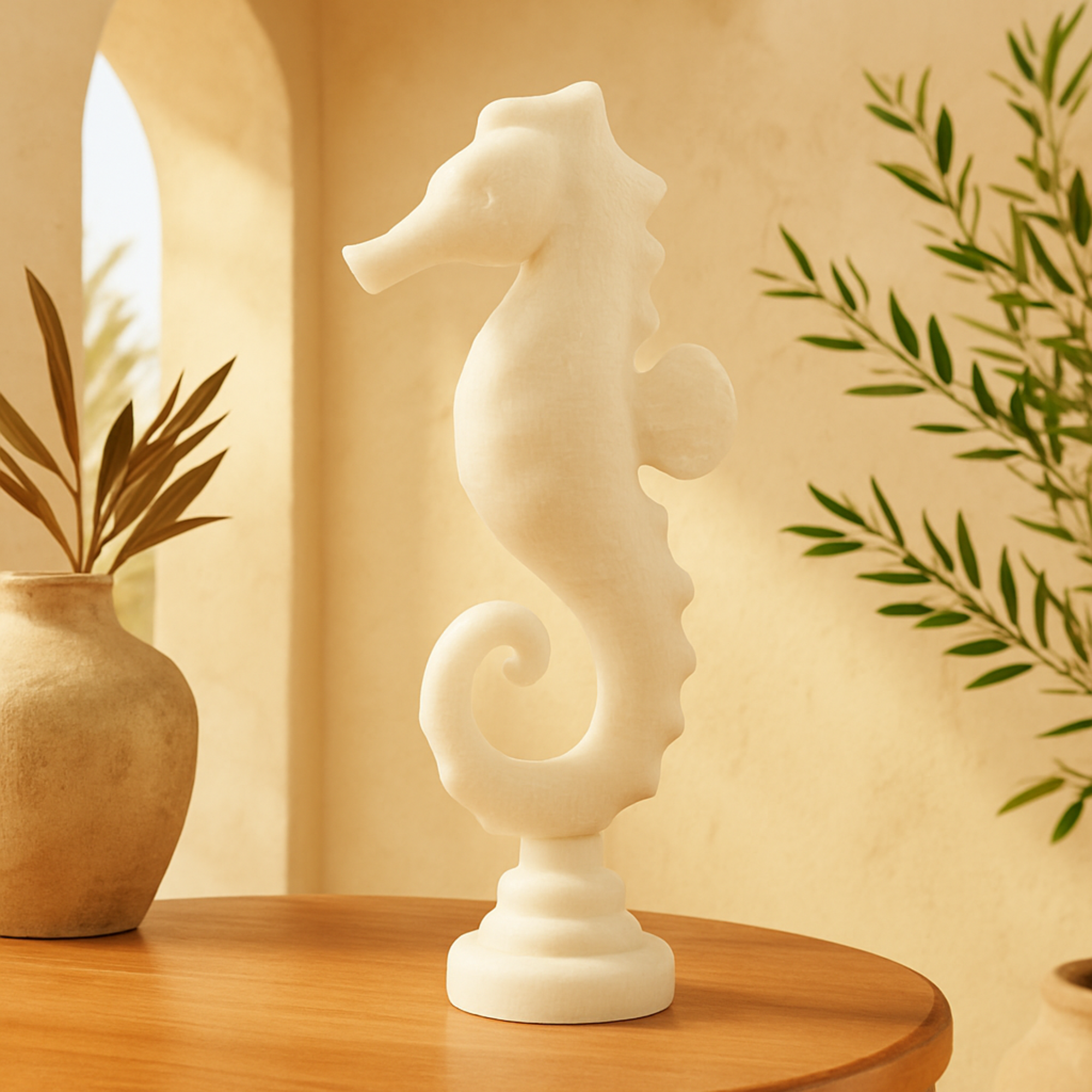 Sea Horse White Polystone Decorative Sculpture with Shimmering Details