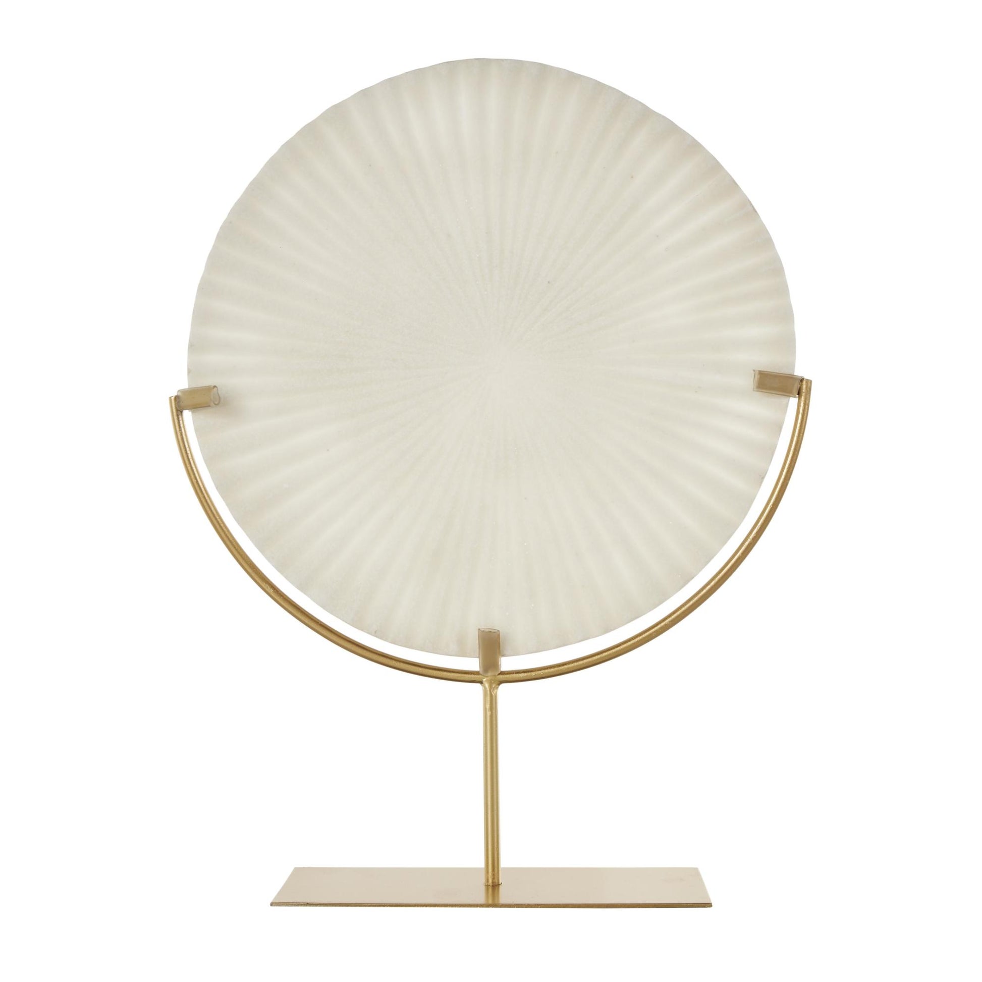 Starburst White Polystone Textured Round Disk Decorative Sculpture with Gold Stand