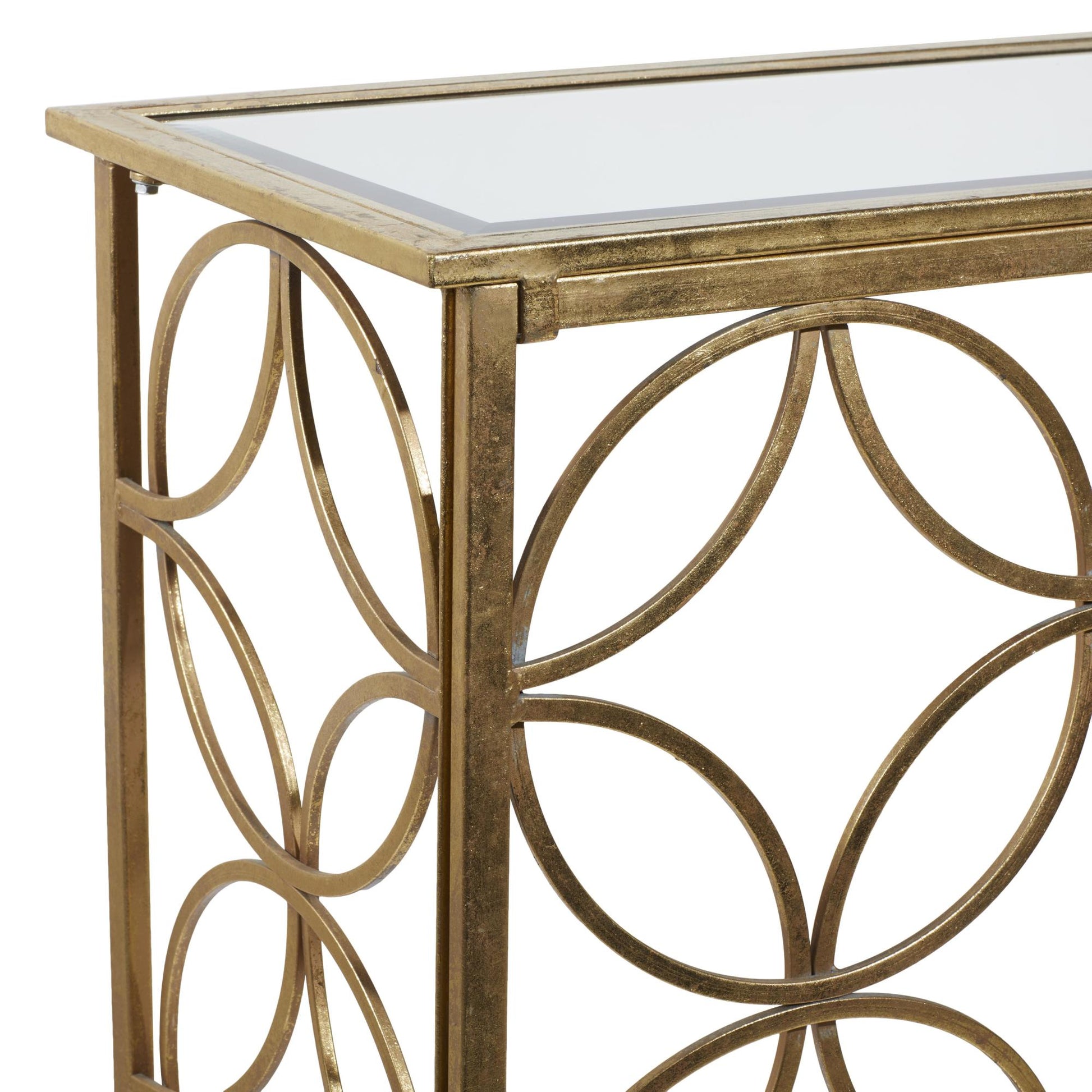 Geometric Gold Metal Weathered Living Room Console Table with Mirrored Glass Top