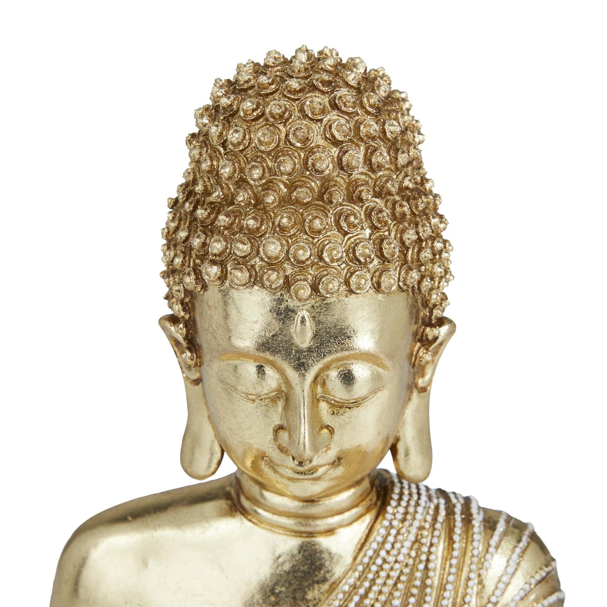 Buddha Gold Polystone Meditating Decorative Sculpture with Engraved Carvings and Relief Detailing