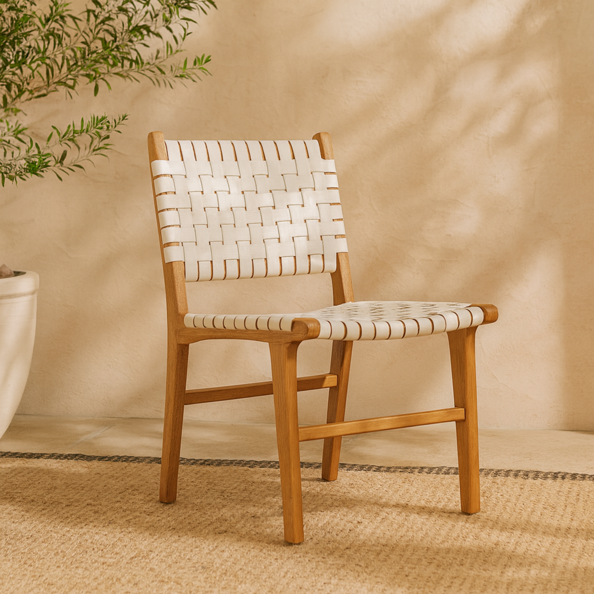 Leather Handmade Woven Kitchen Dining Chair with Teak Wood Frame