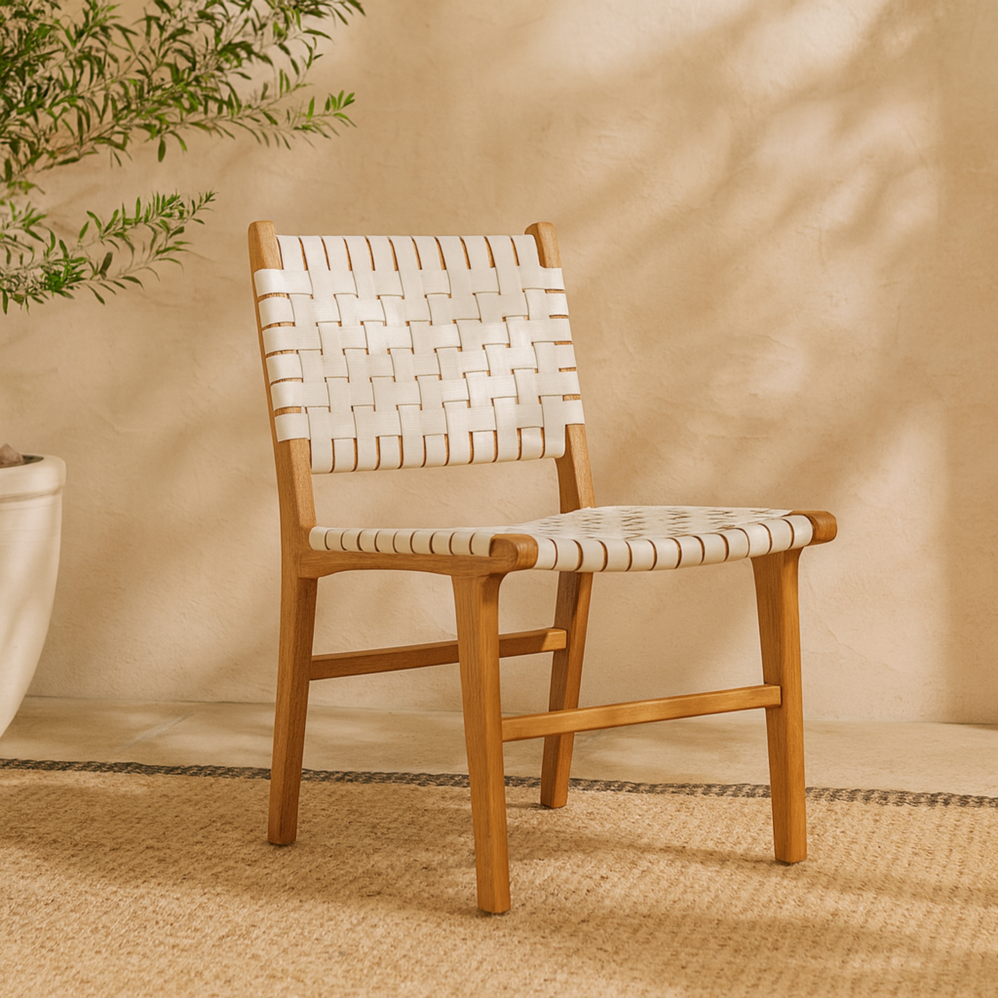 Leather Handmade Woven Kitchen Dining Chair with Teak Wood Frame