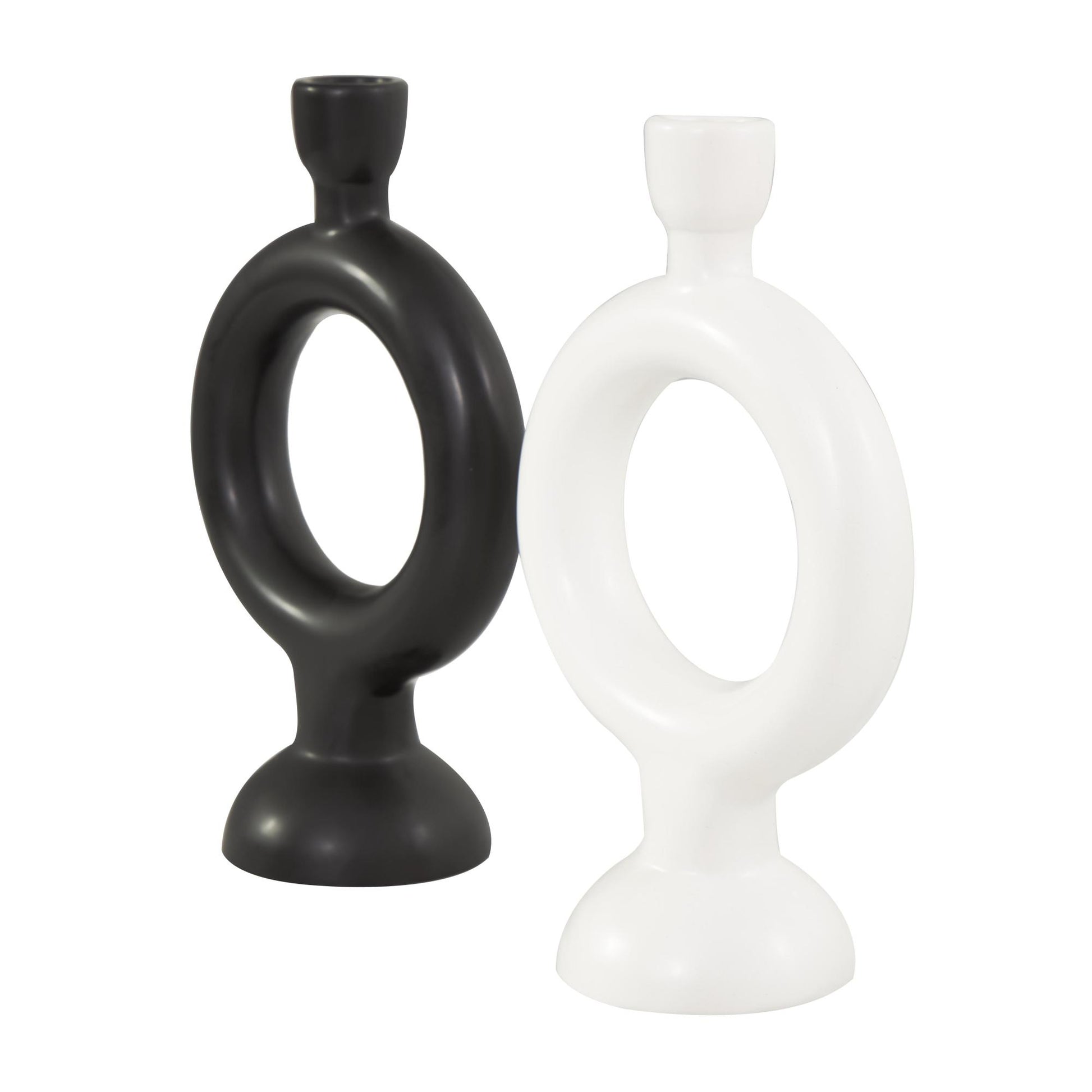 CosmoLiving by Cosmopolitan Set of 2 Geometric Black Ceramic Ring Decorative Candle Holder