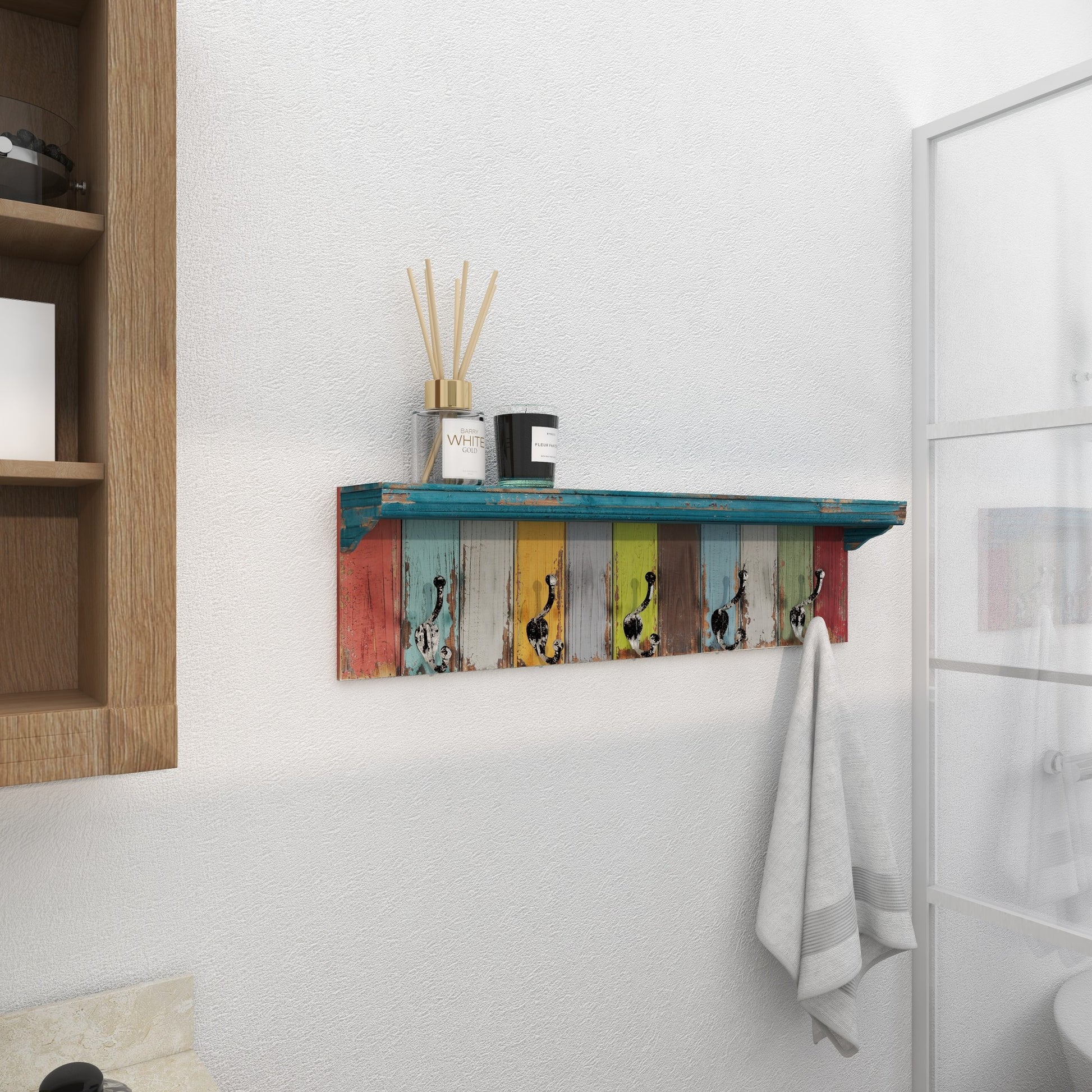Multi Colored Wood Slatted Distressed Shelf 5 Hanger Home Wall Hook