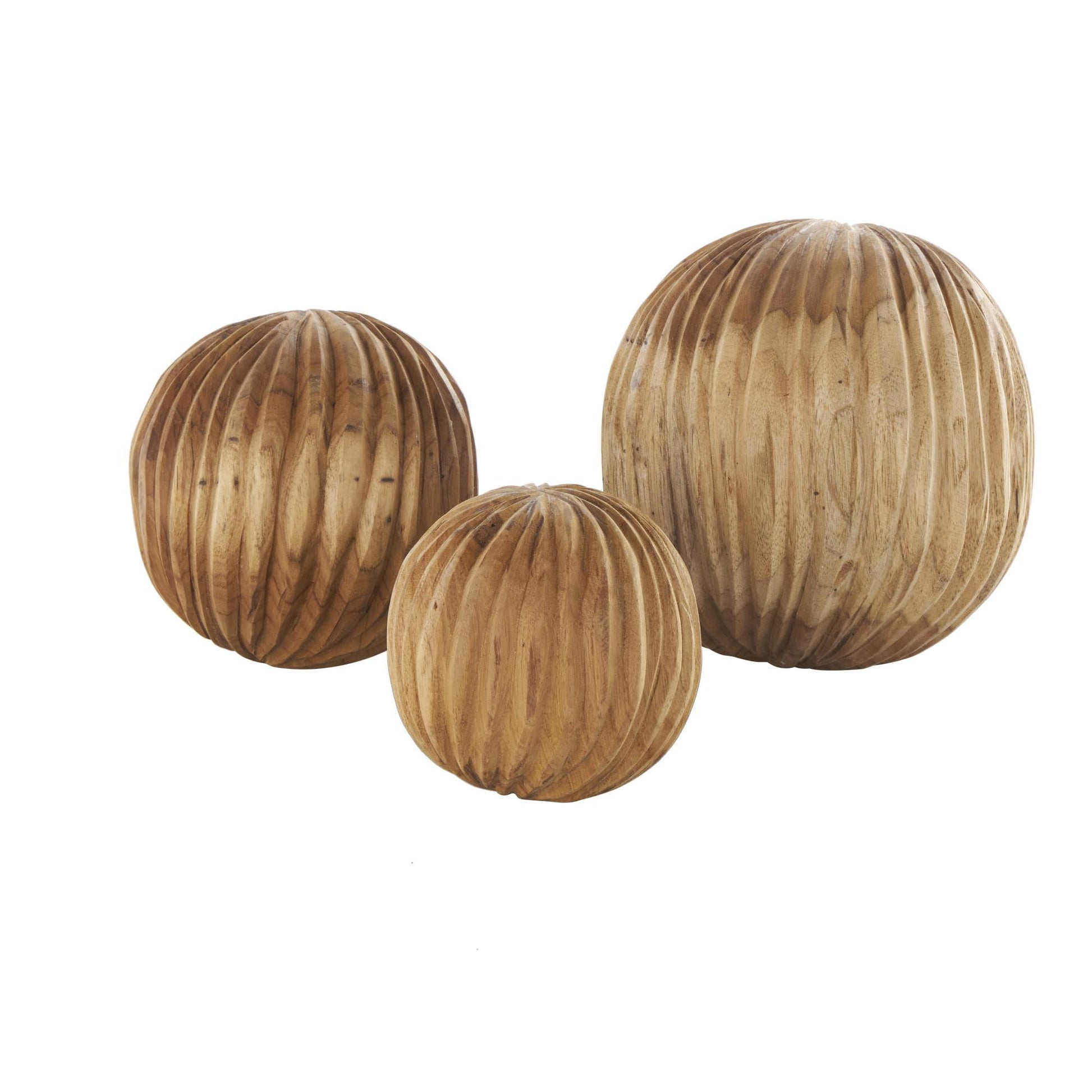 Set of 3 Teak Wood Handmade Carved Textured Decorative Orbs & Vase Filler with Wavy Ridges