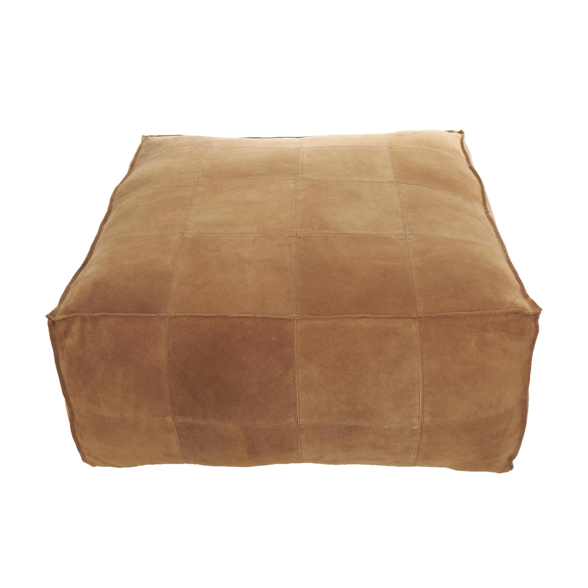 Leather Low Profile Square Stuffed Pouf with Patchwork Design