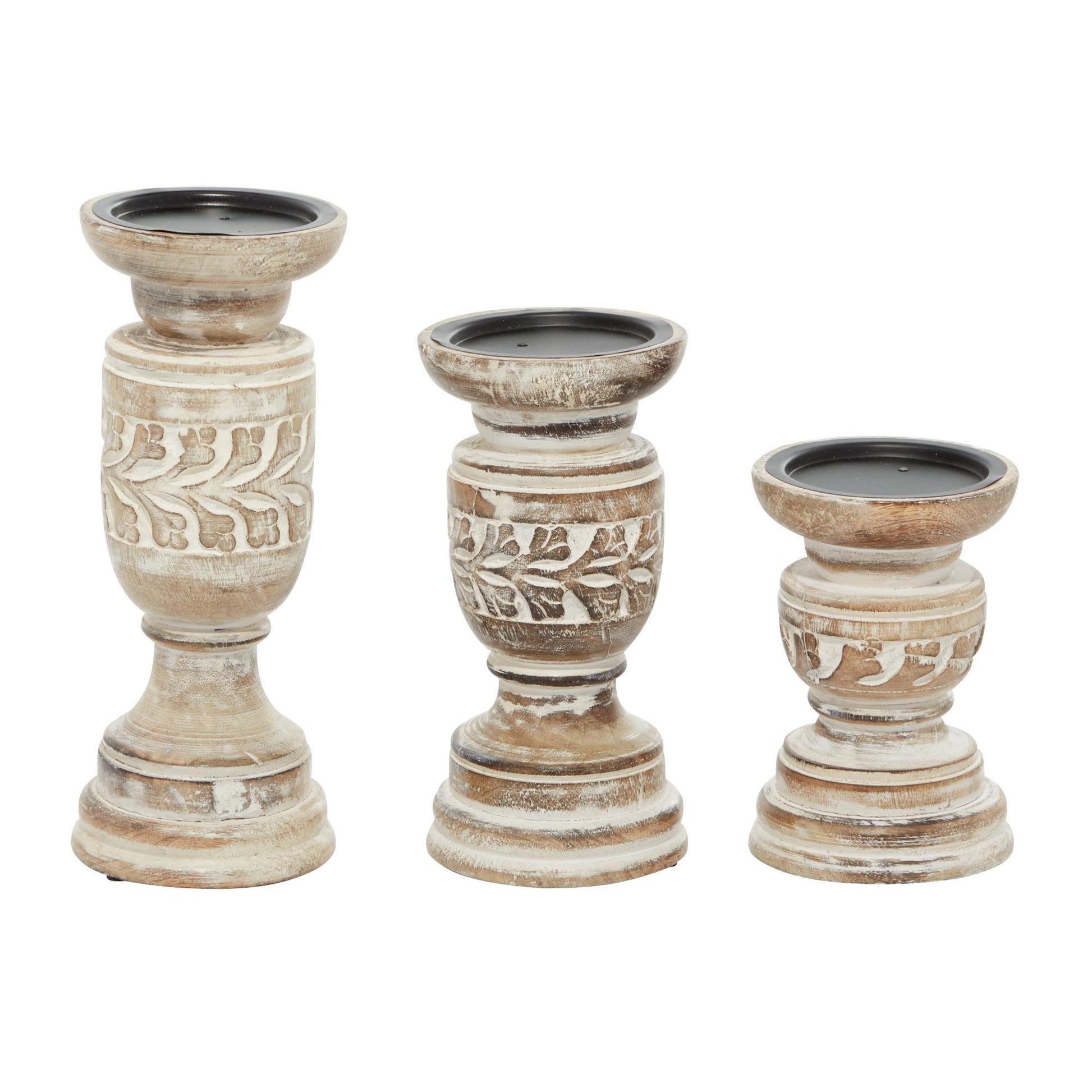 Set of 3 Floral Brown Mango Wood Handmade Whitewashed Turned Decorative Candle Holder