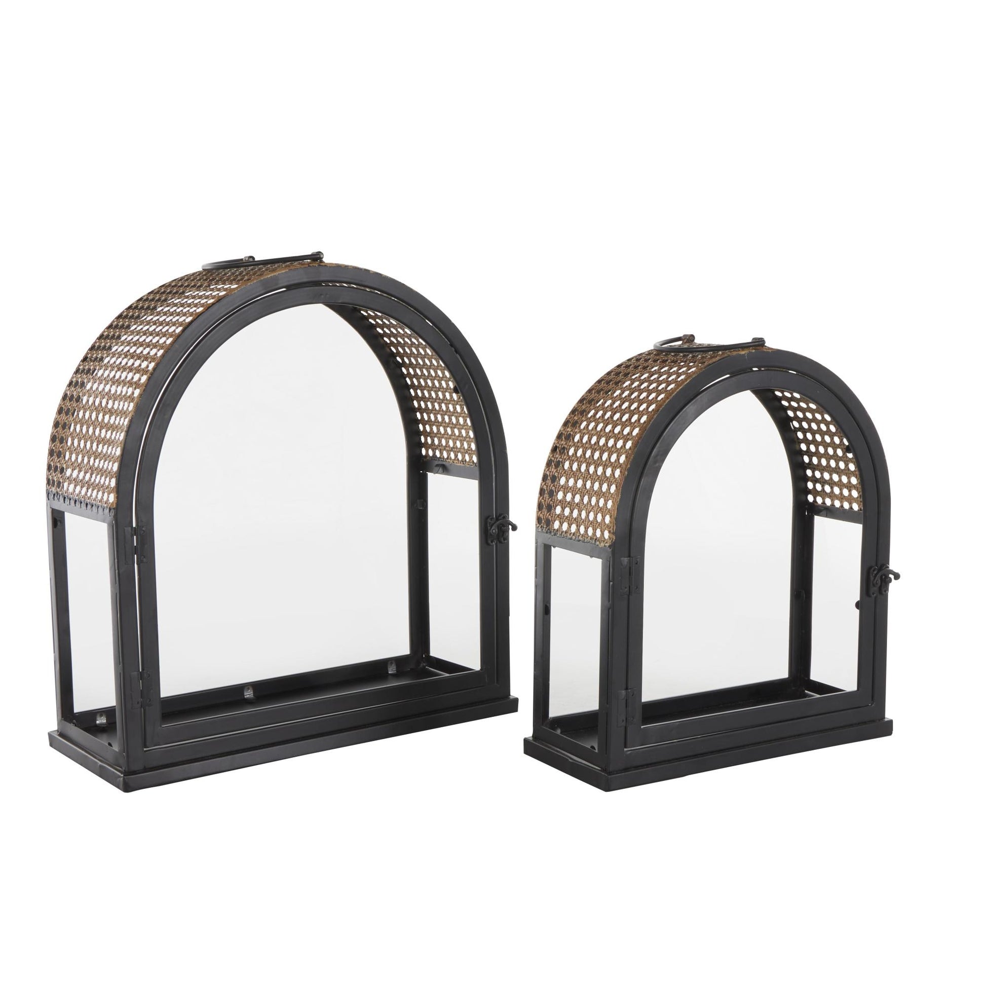 Set of 2 Black Metal Arched Indoor Outdoor Candle Lantern with Cane Inspired Gold Tops
