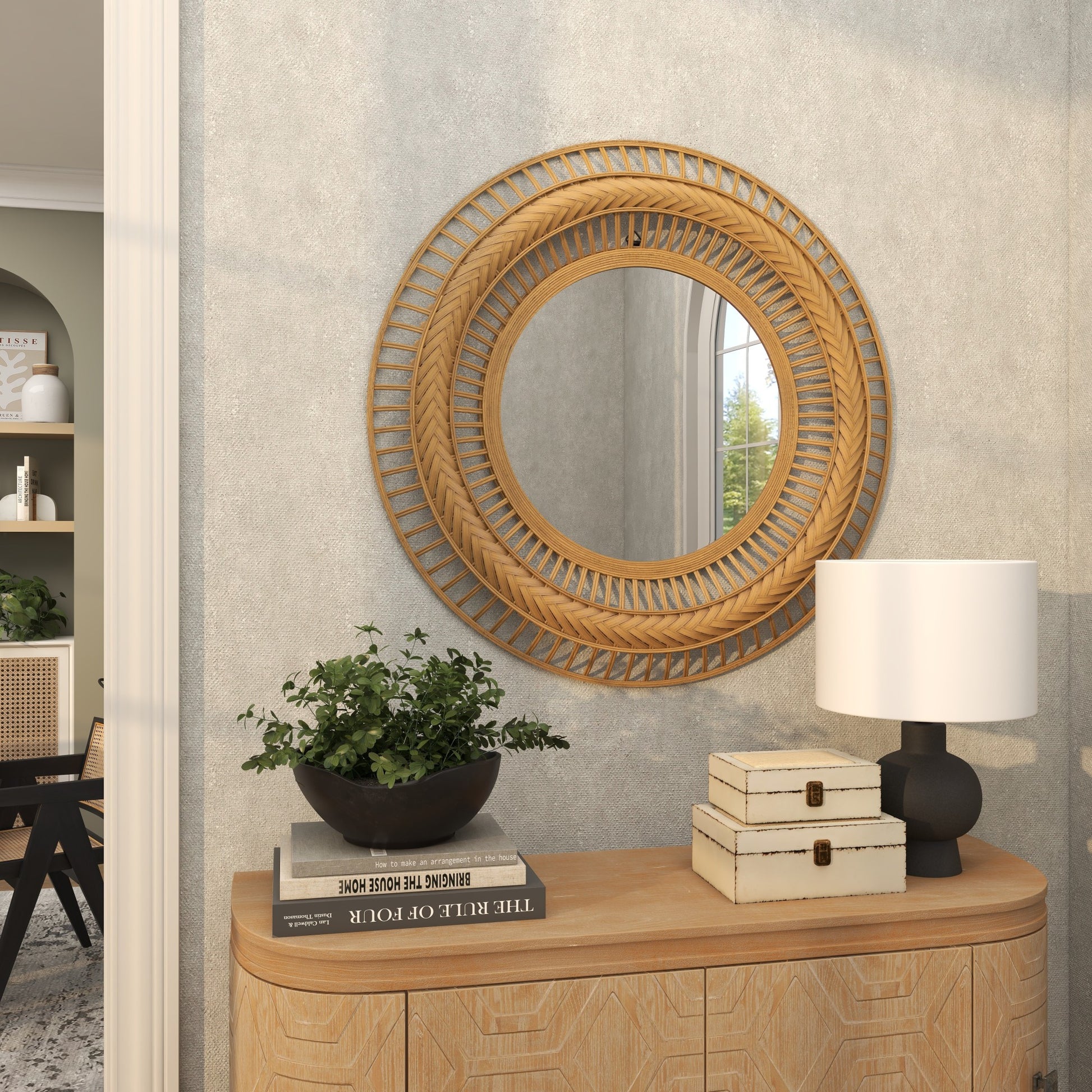 Tribal Brown Rattan Handmade Intricately Weaved Room Wall Mirror