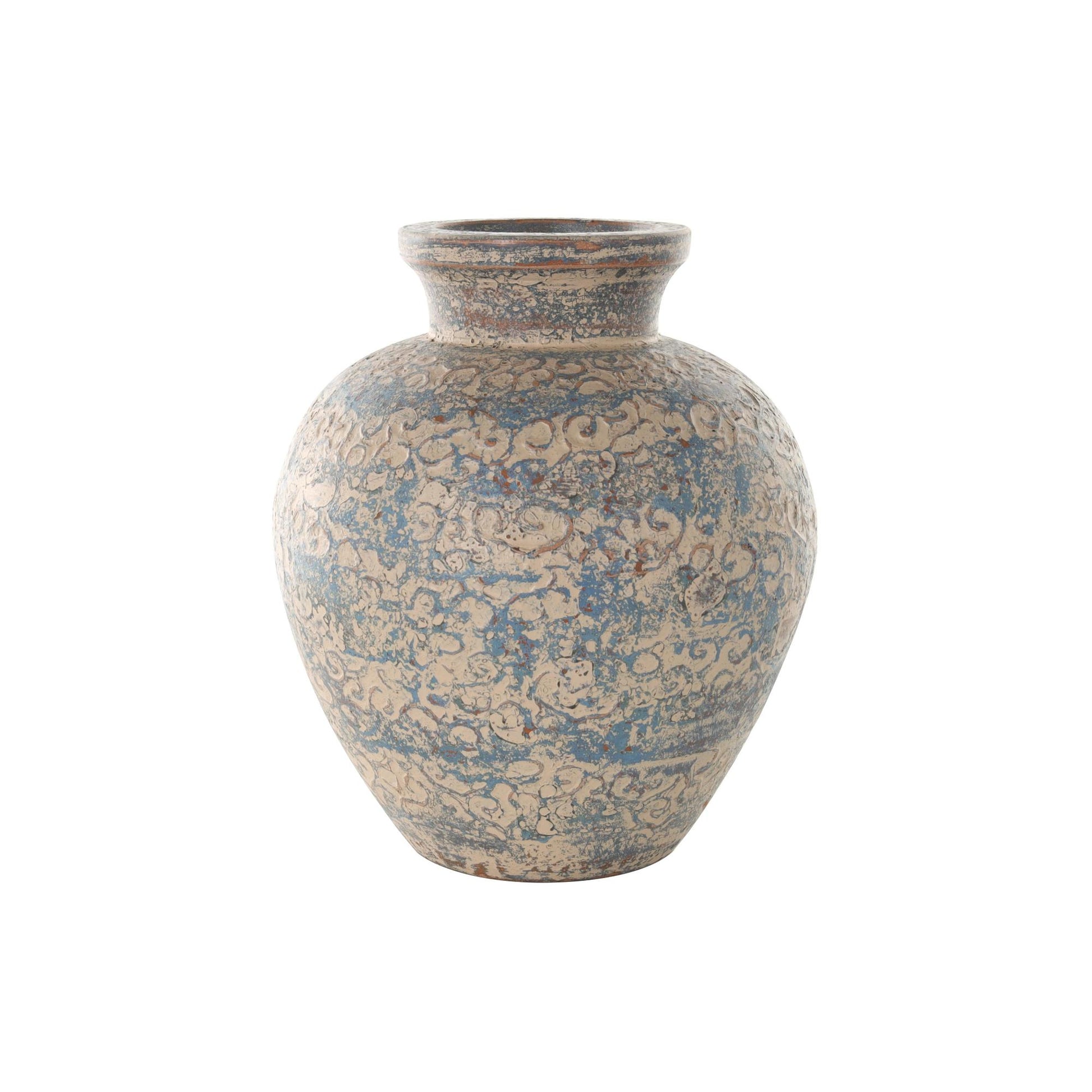 Scroll Beige Ceramic Handmade Antique Style Wide Rounded Decorative Vase with Blue and Copper Accents