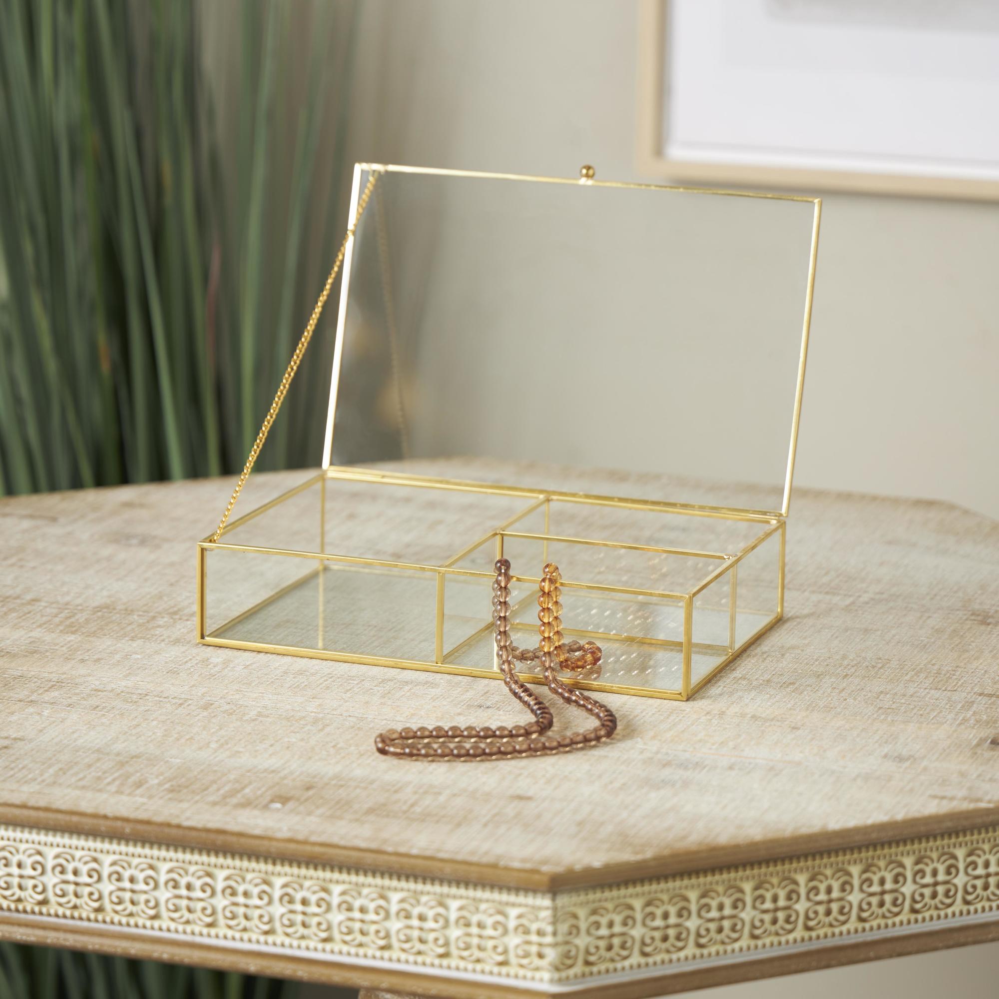 Clear Glass 3 Slot Decorative Jewelry Box with Gold Metal Frame and Chain Accent