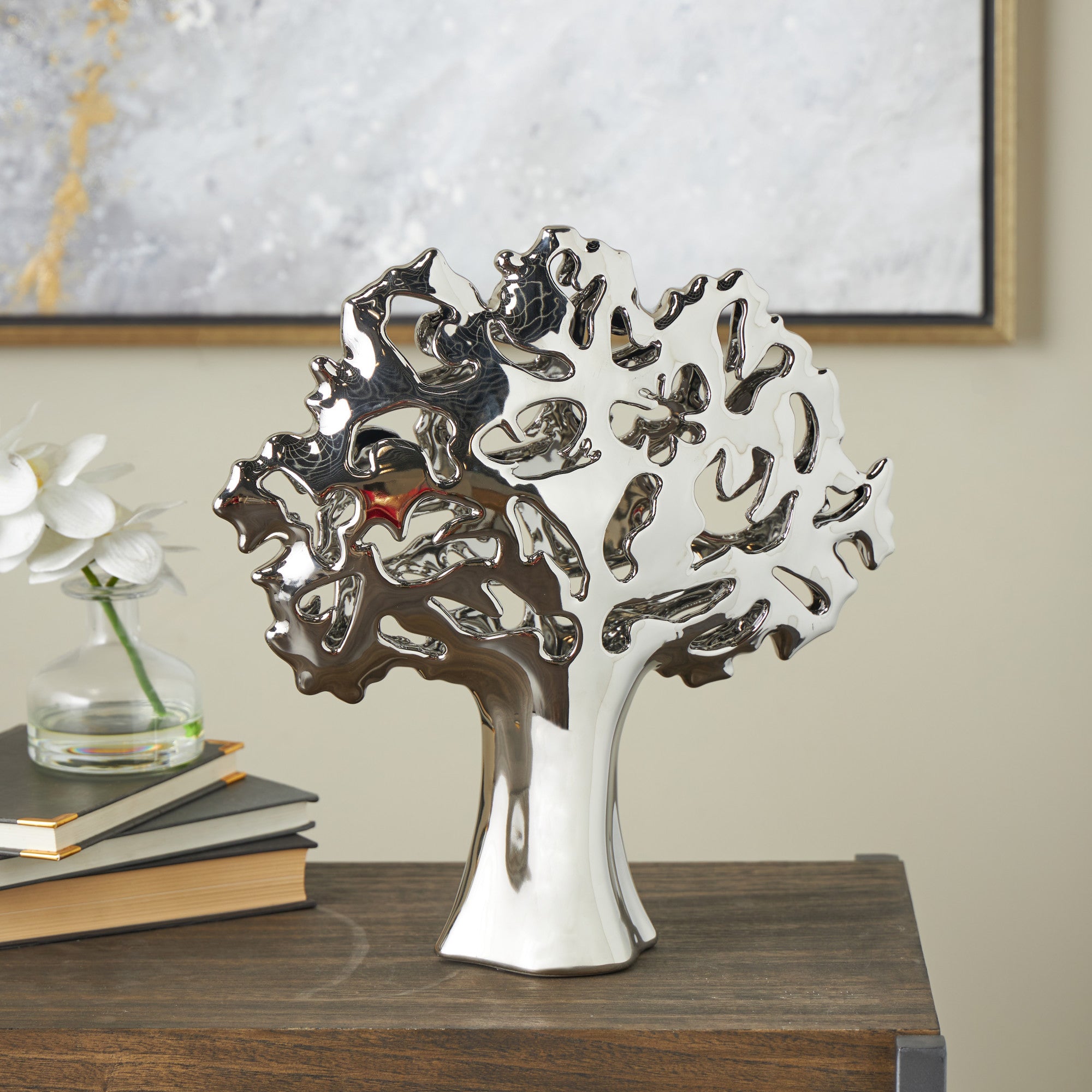 Tree Ceramic Glossy Decorative Sculpture with Abstract Cutouts