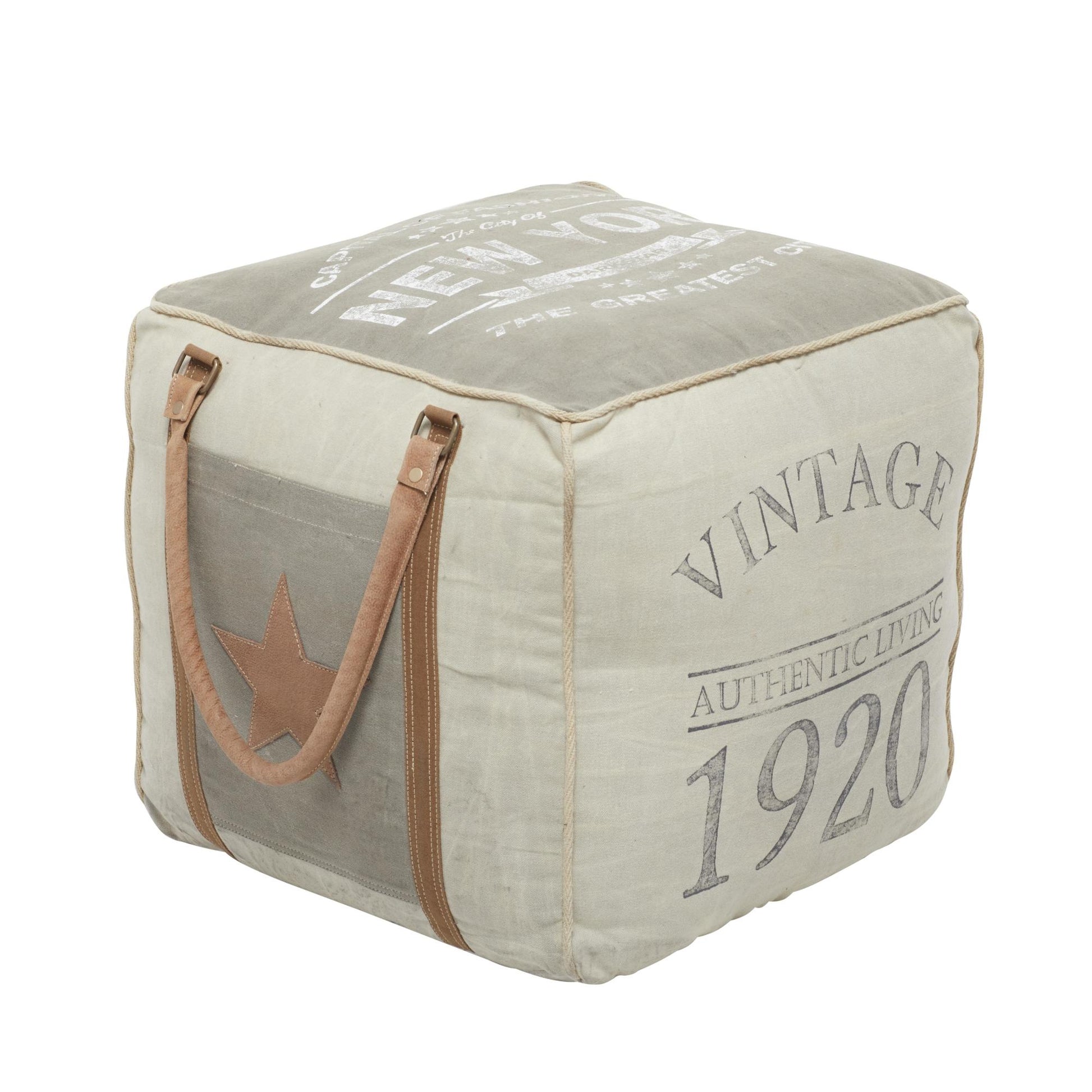 Star Canvas Stuffed Pouf with Leather Accents