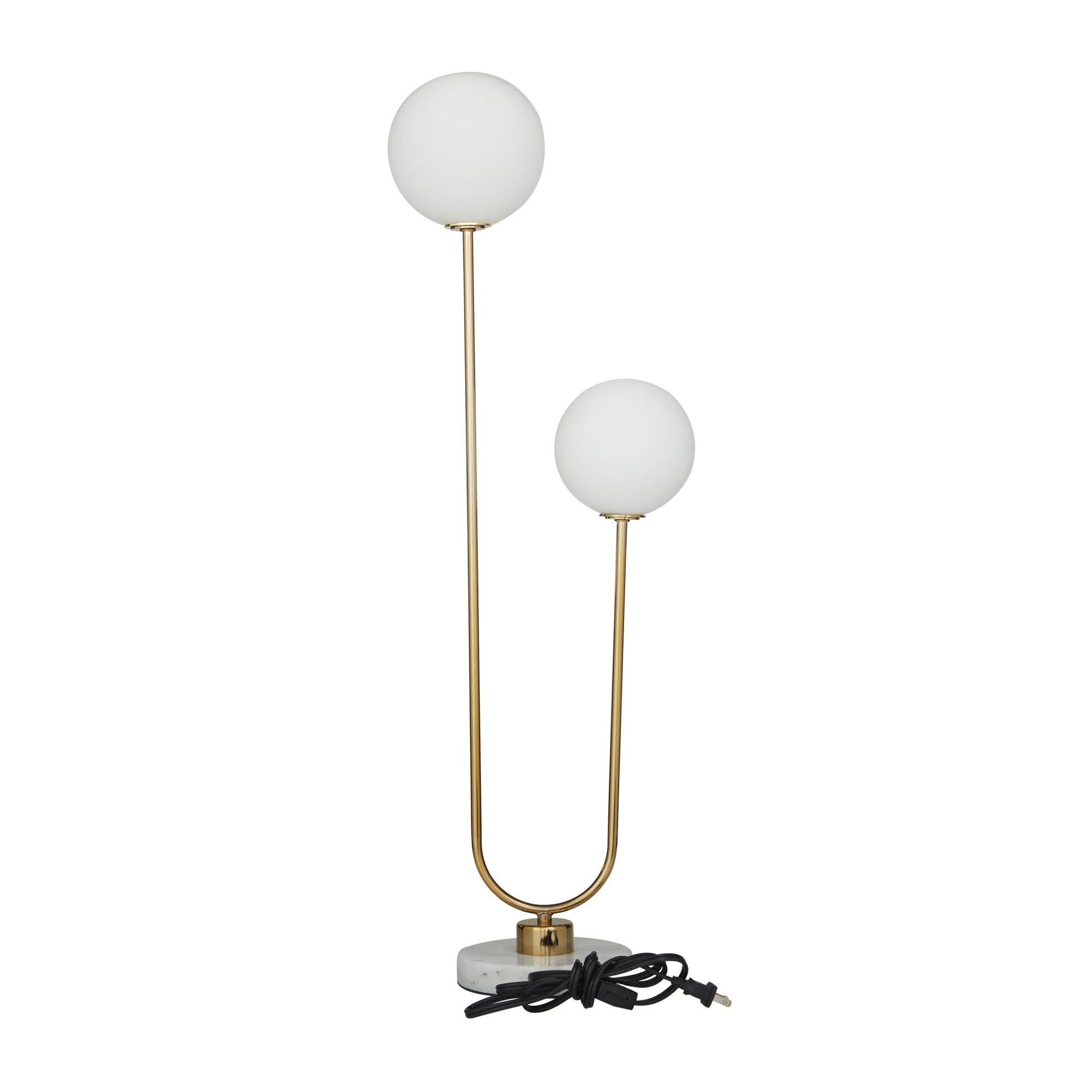 Gold Metal Curved Orb 2 Light Room Table Lamp with White Glass Shades and Marble Base