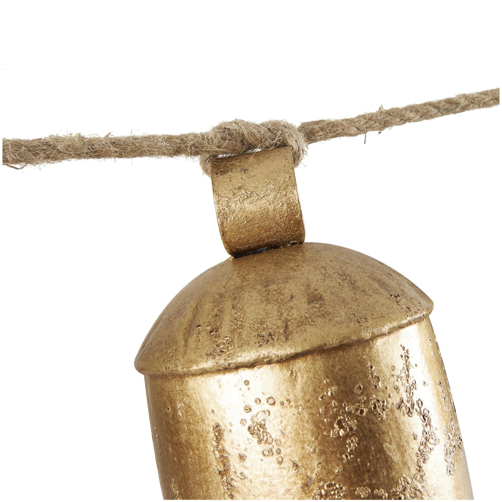 Gold Metal Tibetan Inspired String Hanging Indoor Outdoor Decorative Cow Bells with 6 Bells on Jute Hanging Rope