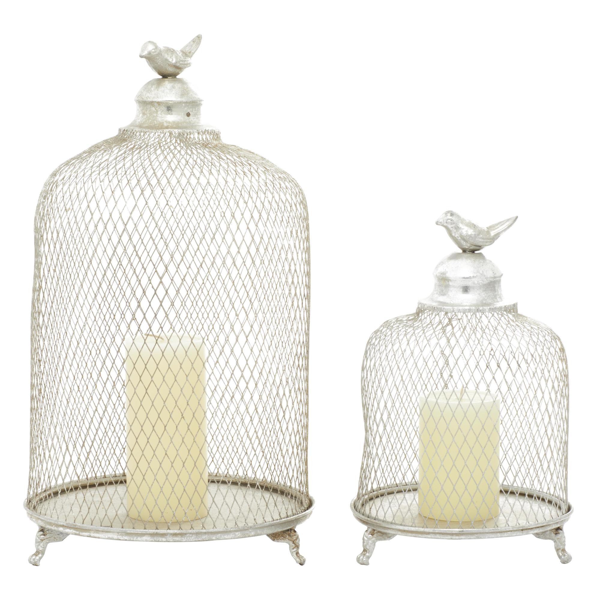 Set of 2 Bird Silver Metal Cage Style Cloche Decorative Indoor Outdoor Candle Lantern with Elevated Stand