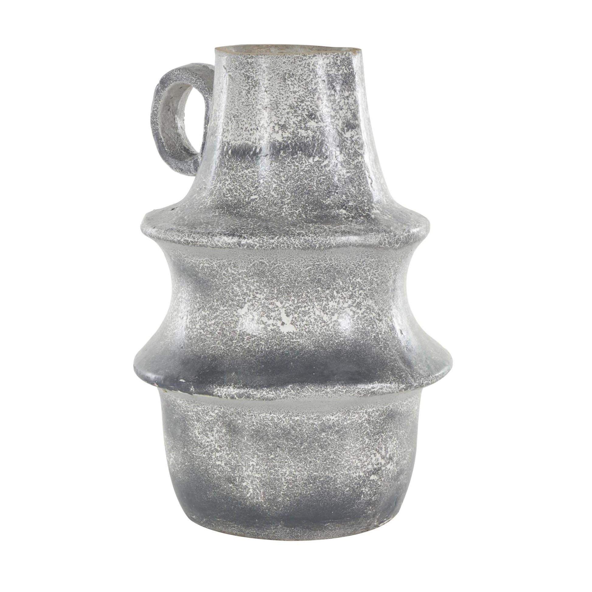 Light Gray Paper Mache Distressed Fluted Decorative Vase with Light Gray Texturing and Ring Handle