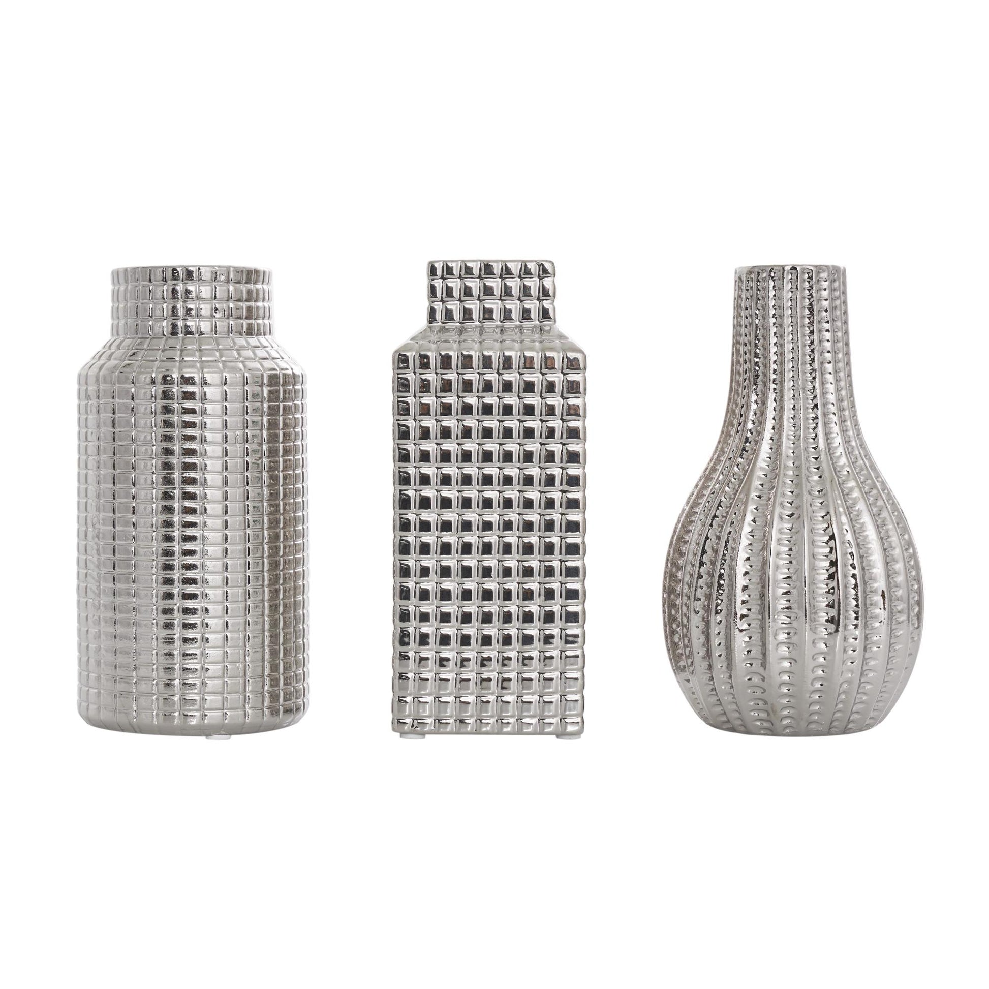 Set of 3 Geometric Ceramic Dimensional Textured Decorative Vase with Varying Shapes and Grid Patterns Set of 3 3"W, 8"H