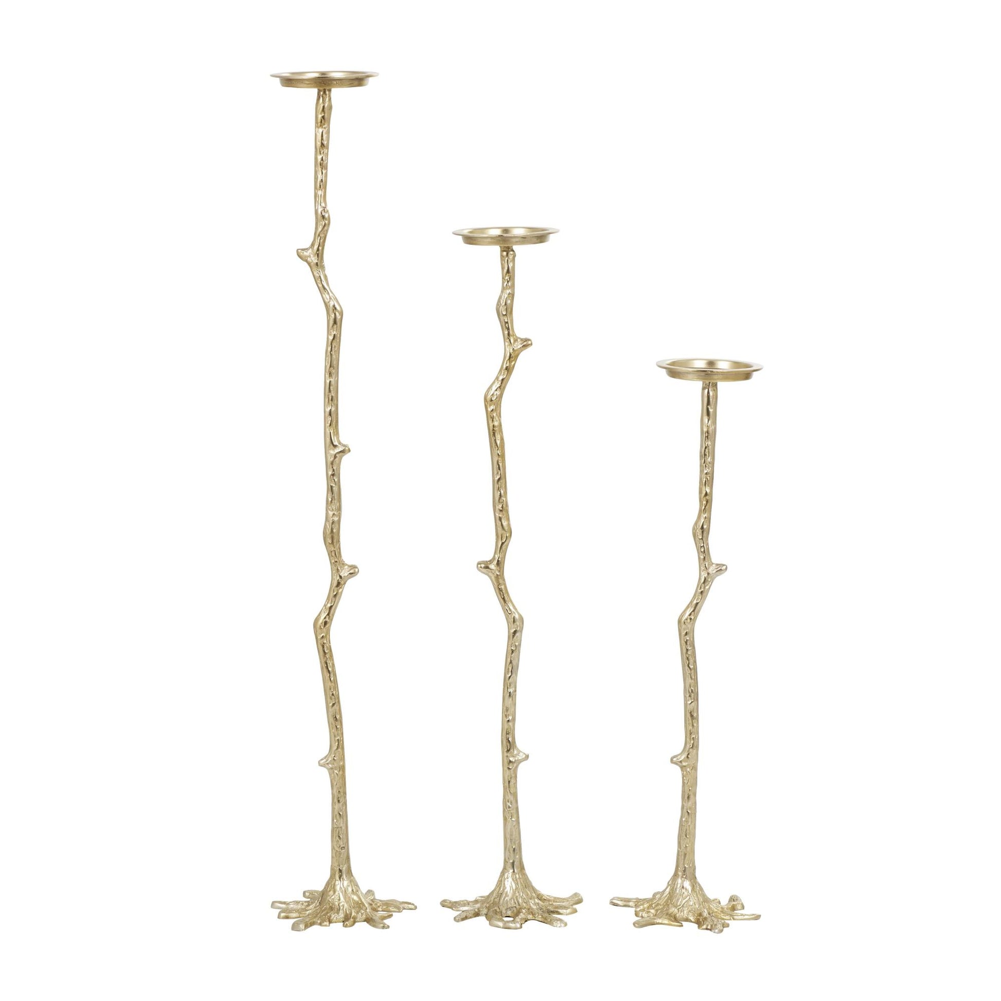 Set of 3 Abstract Gold Aluminum Metal Tall Floor Decorative Candle Holder with Stick Inspired Design