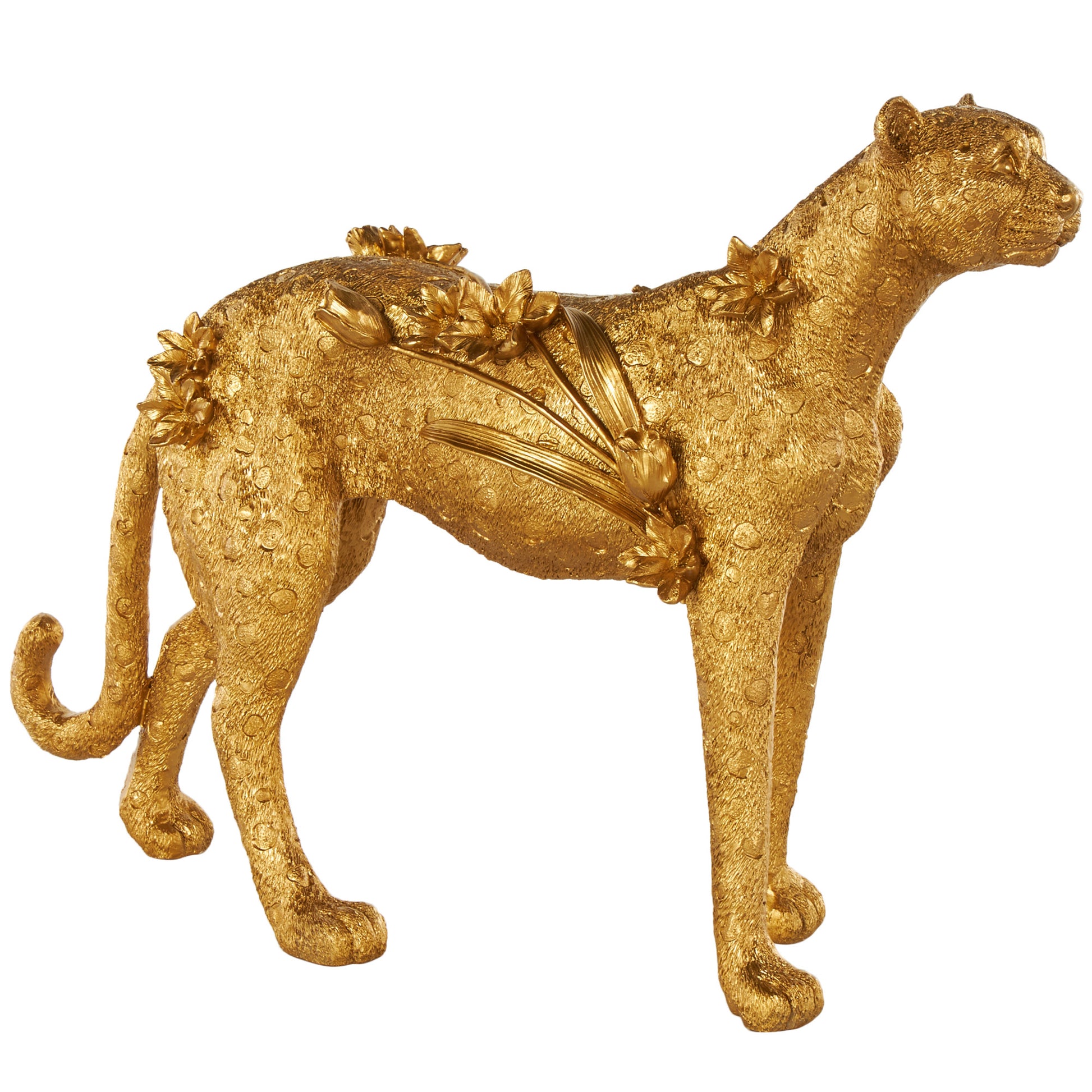 Leopard Gold Resin Standing Decorative Sculpture with Textured Spots and Floral Accents
