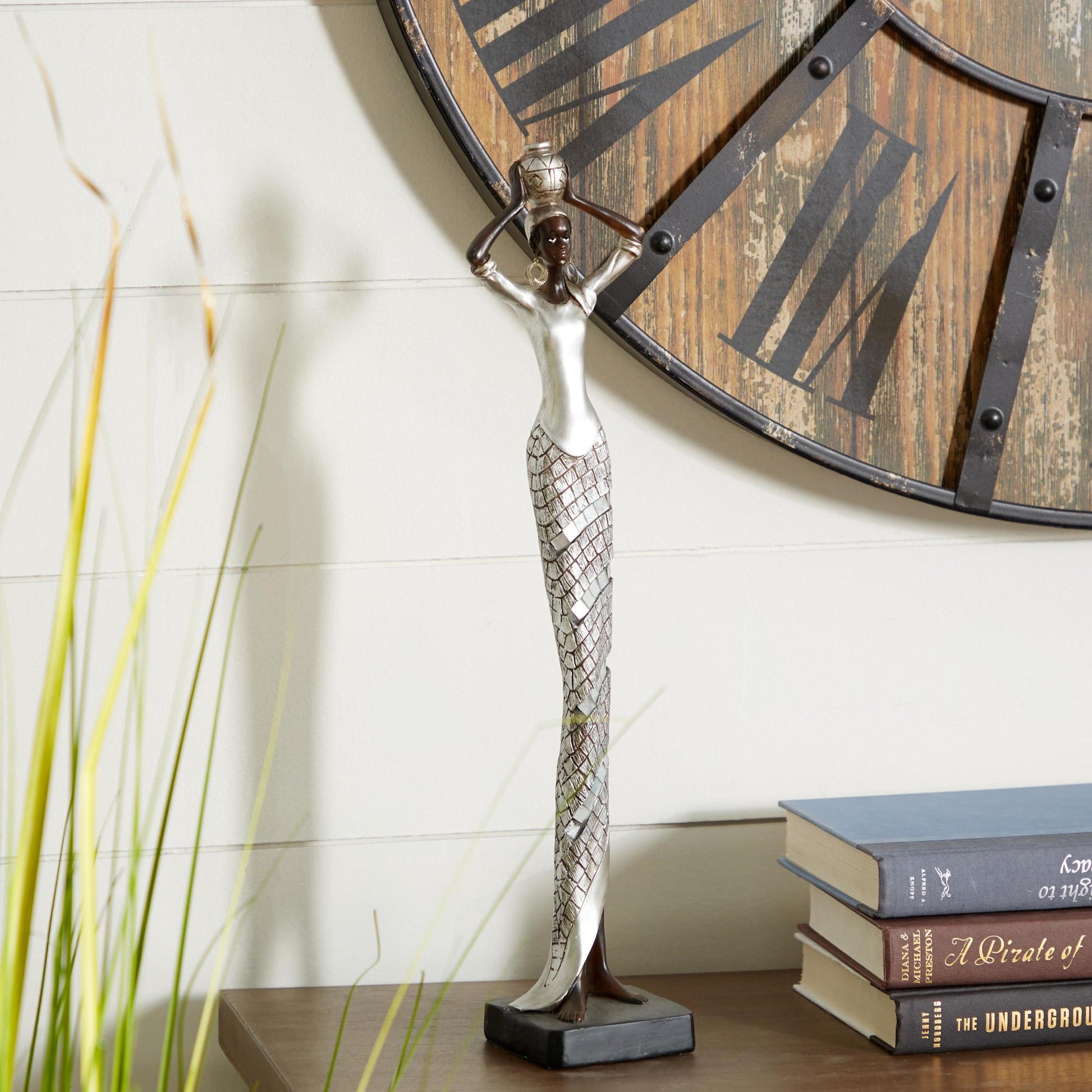 Woman Silver Polystone Standing African Decorative Sculpture with Mosaic Details