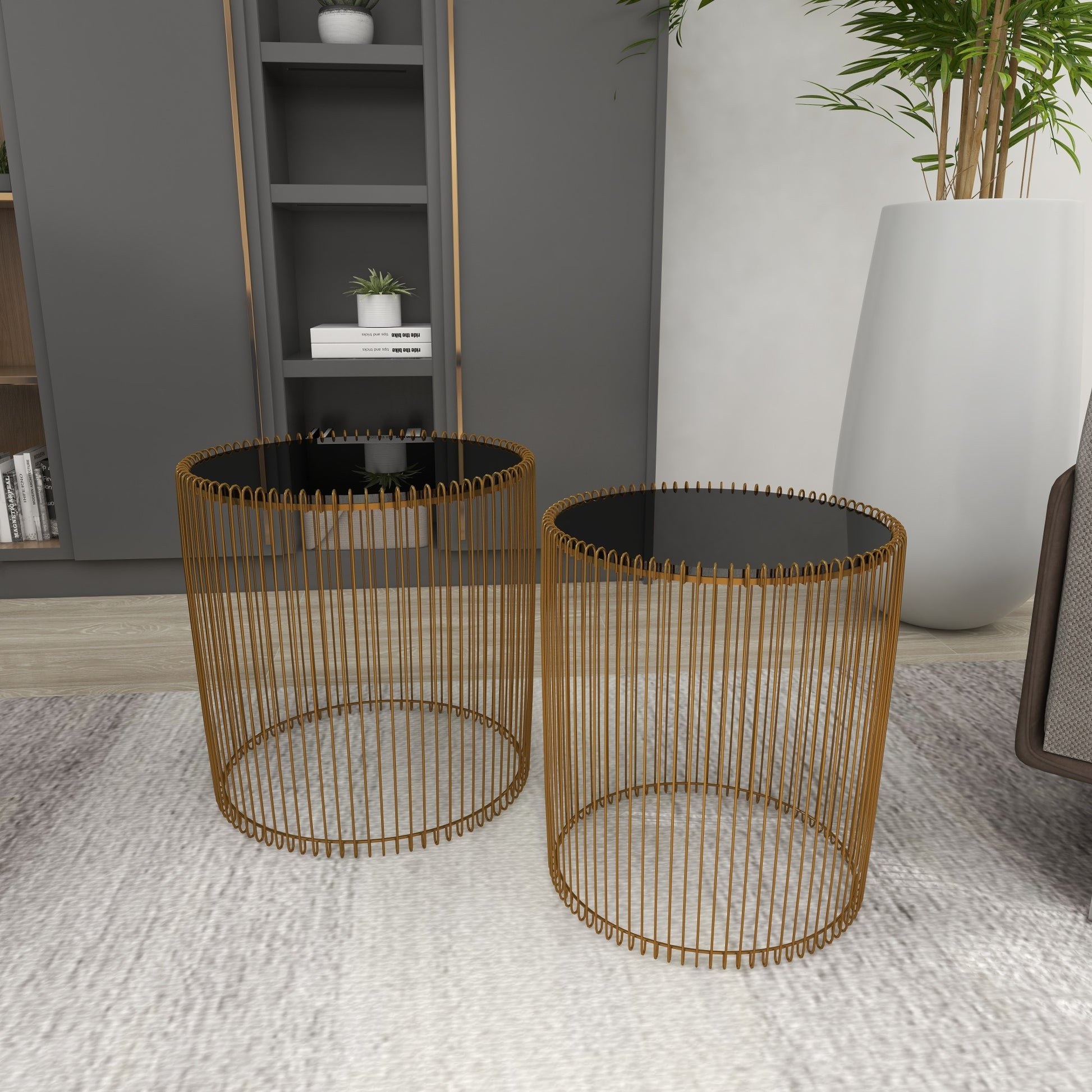 Set of 2 Gold Metal Side End Accent Table with Shaded Glass Top
