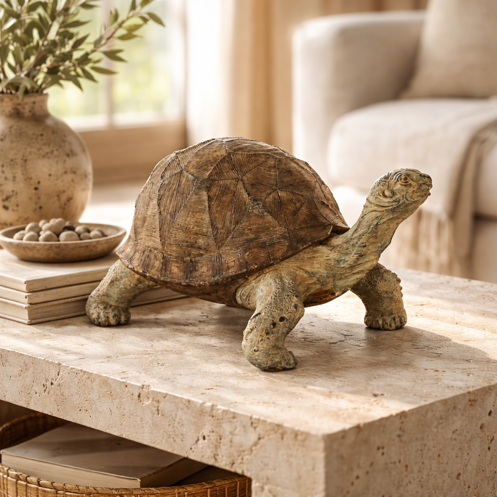 Turtle Brown Resin Distressed Textured Indoor Outdoor Garden Sculpture with Patterned Shell